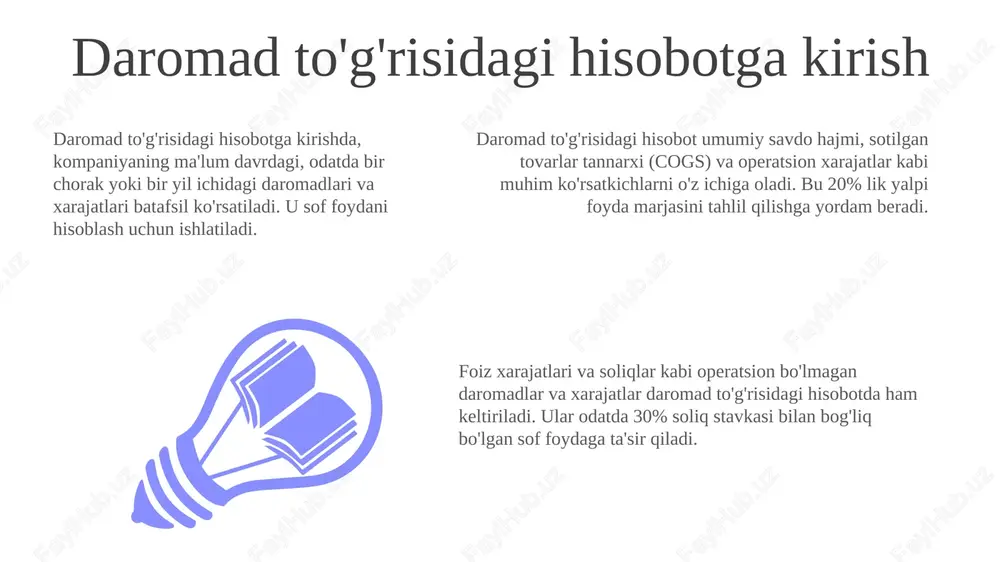 on foyda yalpi foydadan operatsion xarajatlarni (masalan, sotish, ma'muriy va tadqiqot xarajatlari) ayirish orqali hisoblanadi va asosiy biznesning rentabelligini ko'rsatadi. ushbu ko'rsatkich daromad solig'i va foiz xarajatlari kabi nooperatsion elementlarni o'z ichiga olmaydi, demak, biznesning asosiy operatsiyalari natijasida qancha foyda olishini aniq ko'rsatadi. operatsion foyda kompaniyaning operatsion samaradorligini tahlil qilishda muhim ahamiyatga ega; yuqori operatsion foyda kompaniyaning xarajatlarni boshqarishda muvaffaqiyatli ekanligini anglatadi. foiz xarajatlari va daromadlari foiz daromadlari kompaniyaning investitsiyalari, masalan, depozitlar yoki obligatsiyalar bo'yicha oladigan foiz to'lovlaridir; bu operatsion daromadga qo'shimcha 3% foyda olib keladi. foiz xarajatlari kompaniyaning qarz mablag'laridan foydalanish uchun to'laydigan summani aks ettiradi, masalan, bank kreditlari bo'yicha 5% foiz to'lovlari daromadni kamaytiradi. foiz xarajatlari va daromadlari moliyaviy xarajatlar qatorida ko'rsatiladi va kompaniyaning sof foydasiga ta'sir qiladi, shuning uchun 2023-yilda bu muhim ko'rsatkich hisoblanadi. soliqdan oldingi foyda soliqdan oldingi foyda (sopf) – bu yalpi foydadan operatsion xarajatlarni ayirgandan keyin qoladigan summa, foizlar va soliqlar hisobga olinmagan. sopf …