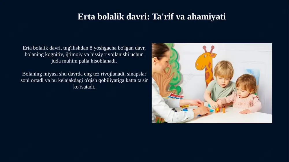 da sog'liqni saqlash, ovqatlanish va ta'lim muhim ahamiyatga ega. ko'plab siyosatlar oilalarni qo'llab-quvvatlashga qaratilgan, masalan, pullik dekret ta'tillari, subsidiyalangan bolalar parvarishi va soliq imtiyozlari, bu oilalarning resurslarini oshiradi. kelajak uchun sarmoya: xulosa investitsiyalar inson kapitaliga qaratilgan bo'lib, 0-5 yoshgacha bo'lgan davrda miya rivojlanishining 85 foizi sodir bo'ladi, bu esa uzoq muddatli foydalar keltirishi isbotlangan. iqtisodchilar erta bolalik dasturlariga kiritilgan har bir dollardan 4 dan 9 dollargacha iqtisodiy samara kutishadi, bu jinoyatchilik darajasining pasayishi va mehnat unumdorligining oshishi bilan bog'liq. e'tiboringiz uchun rahmat image6.jpg image7.jpg image8.jpg image9.jpg image10.jpg image11.jpg image12.jpg image13.jpg image14.jpg image15.jpg image16.jpg image17.jpg image4.jpeg