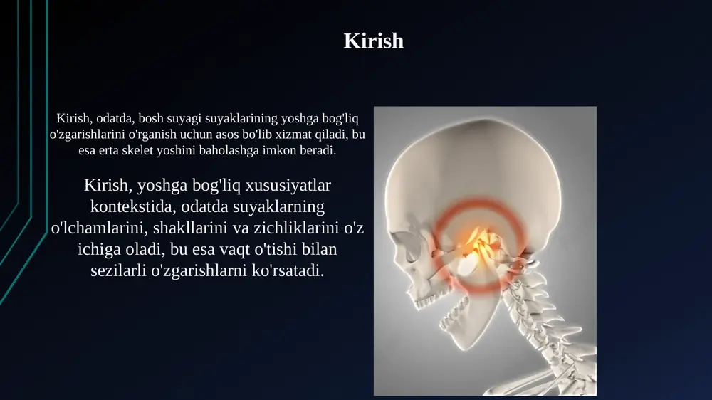 tug'ilgan chaqaloqlarda bosh suyagi suyaklari orasida 6 ta yumshoq joy - liqildoqlar mavjud bo'lib, ular miyaning tez o'sishi uchun imkoniyat yaratadi va tug'ruq paytida boshning shaklini o'zgartirishga yordam beradi. chaqaloqlarning kalla suyagi suyaklari, masalan, frontal suyak ikkita qismdan iborat bo'lib, ular metopik chok bilan ajratilgan; bu chok odatda 3 yoshga kelib suyaklanadi, ammo ba'zan kattalarda ham saqlanib qoladi. bolalik davrida kalla suyagining rivojlanishi bolalikda bosh suyagi suyaklanishi membranali ossifikasiya orqali sodir bo'ladi, bunda 8 ta suyak tolalar bilan bog'langan fontanellar orqali bir-biriga bog'langan bo'ladi. bosh suyagining hajmi bolalik davrida tez o'sadi, 2 yoshga to'lganda kattalar hajmining taxminan 80 foiziga yetadi, bu esa miyaning tez rivojlanishini aks ettiradi. o'smirlik davrida kalla suyagining o'zgarishi o'smirlik davrida bosh suyagi qalinlashadi, ayniqsa frontal suyakning supraorbital qismi, bu 13 yoshdan 16 yoshgacha bo'lgan davrda sezilarli darajada namoyon bo'ladi. suyakning zichligi oshishi kuzatiladi, bu esa suyak moddasida mineral tuzlar miqdori ortishi bilan bog'liq. bu, ayniqsa, 15 …