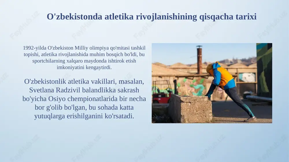 di. o'zbekiston hukumati sport maktablari uchun moliyalashtirishni oshirdi, ularga zamonaviy uskunalar bilan ta'minlash va malakali murabbiylarni jalb qilish uchun mablag' ajratildi. atletika sohasidagi asosiy muammolar va ularni hal etish yo'llari sport infratuzilmasining yetarli emasligi, ayniqsa viloyatlarda, zamonaviy stadionlar va trenajyor zallarining yetishmasligi tufayli 40% sportchilar to'liq shug'ullana olmayapti. malakali murabbiylar va mutaxassislarning kamligi, xususan, yengil atletika bo'yicha ilmiy-metodik ta'minotning pastligi tufayli 30% sportchilarning o'sishi sekinlashmoqda. o'zbekistonda atletikaning kelajagi va istiqbollari 2026-yilgi yoshlar o'rtasidagi osiyo o'yinlari atletika infratuzilmasini rivojlantirish, yoshlarni jalb qilish va yuqori natijalarga erishish uchun imkoniyat yaratadi. o'zbekistonda atletika bo'yicha milliy terma jamoani 2030-yilgacha olimpiya o'yinlarida medallar uchun kurasha oladigan darajaga yetkazish asosiy maqsadlardan biri hisoblanadi. xulosa va takliflar milliy terma jamoalarni malakali murabbiylar bilan ta'minlash uchun kamida 5 yillik tajribaga ega mutaxassislar jalb qilish muhim. bolalar sport maktablarida zamonaviy uskunalar bilan jihozlangan 100 dan ortiq yangi sport zallari qurish orqali infratuzilmani yaxshilash zarur. e'tiboringiz uchun rahmat image4.png image6.jpg …