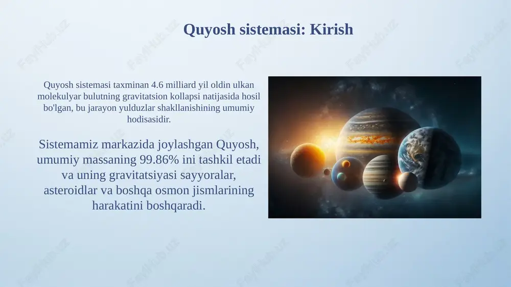 miranda, ariel va umbriel kabi. uran oʻzining noodatiy aylanish oʻqiga ega, yaʼni u deyarli yon tomonida aylanadi; uning aylanish oʻqi quyosh tekisligiga nisbatan taxminan 98 daraja ogʻishgan, bu boshqa sayyoralardan farq qiladi. neptun neptun quyoshdan taxminan 4,5 milliard kilometr uzoqlikda joylashgan bo'lib, unga bir marta aylanish uchun 165 yer yili kerak bo'ladi, bu esa uni juda uzoq sayyora qiladi. neptunning atmosferasi asosan vodorod, geliy va metandan iborat bo'lib, metan qizil nurni yutadi va sayyoraga o'ziga xos ko'k rang beradi. koyper mintaqasi va oort buluti koyper mintaqasi neptun orbitasidan tashqarida, quyoshdan 30 dan 55 astronomik birlik (ab) gacha cho'zilgan muzli jismlar diskidir. oort buluti quyoshdan taxminan 2000 dan 50 000 ab gacha bo'lgan, juda uzoq sferik hudud bo'lib, milliardlab muzli yadrolarni o'z ichiga oladi. mitti sayyoralar: pluton va boshqalar pluton, massasi yer massasining atigi 0.0022 qismini tashkil etuvchi mitti sayyora, kuiper belbog'ida joylashgan bo'lib, uning tarkibi asosan muz va toshdan iborat. …
