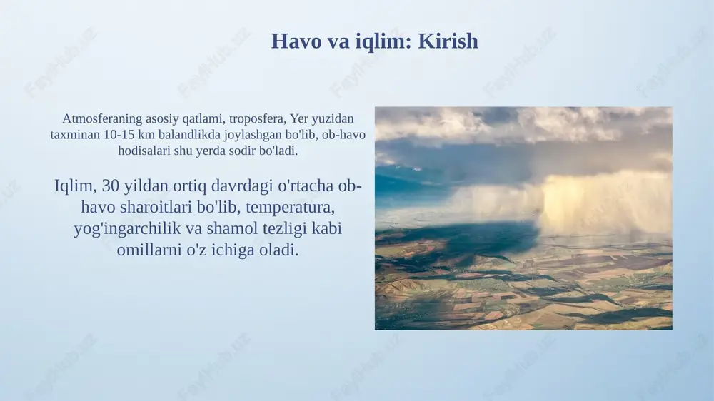 iga katta ta'sir ko'rsatadi. mo'tadil iqlim zonasi mo'tadil iqlim zonasida temperatura o'zgarishi sezilarli, yozda +22°c dan qishda -10°c gacha borishi mumkin, bu esa vegetatsiya davrining uzunligiga ta'sir etadi. bu zonada yog'ingarchilik miqdori yiliga 500 mm dan 1000 mm gacha o'zgarib turadi, bu esa o'simlik va hayvonot dunyosining xilma-xilligini ta'minlaydi. sovuq iqlim zonasi sovuq iqlim zonasida o'rtacha yillik harorat 0°c dan past bo'ladi, bu esa yog'ingarchilikning qattiq holatda, masalan, qor yoki muz ko'rinishida bo'lishiga sabab bo'ladi. bu zonada o'simliklar hayoti juda cheklangan, asosan moxlar, lishayniklar va past bo'yli butalar mavjud. vegetatsiya davri yiliga atigi 50-60 kun davom etadi. arktika va antarktika iqlim zonasi arktika va antarktika iqlim zonalarida qishning oʻrtacha harorati -30°c dan -70°c gacha, yozda esa 0°c atrofida boʻladi, bu ekvatorga nisbatan radiatsiya balansining kamligini koʻrsatadi. antarktidaning muz qatlami global muz zaxirasining 90% dan ortig'ini tashkil etadi, bu esa dengiz sathining ko'tarilishiga ta'sir qiluvchi muhim omil hisoblanadi. iqlim o'zgarishi: sabablari …