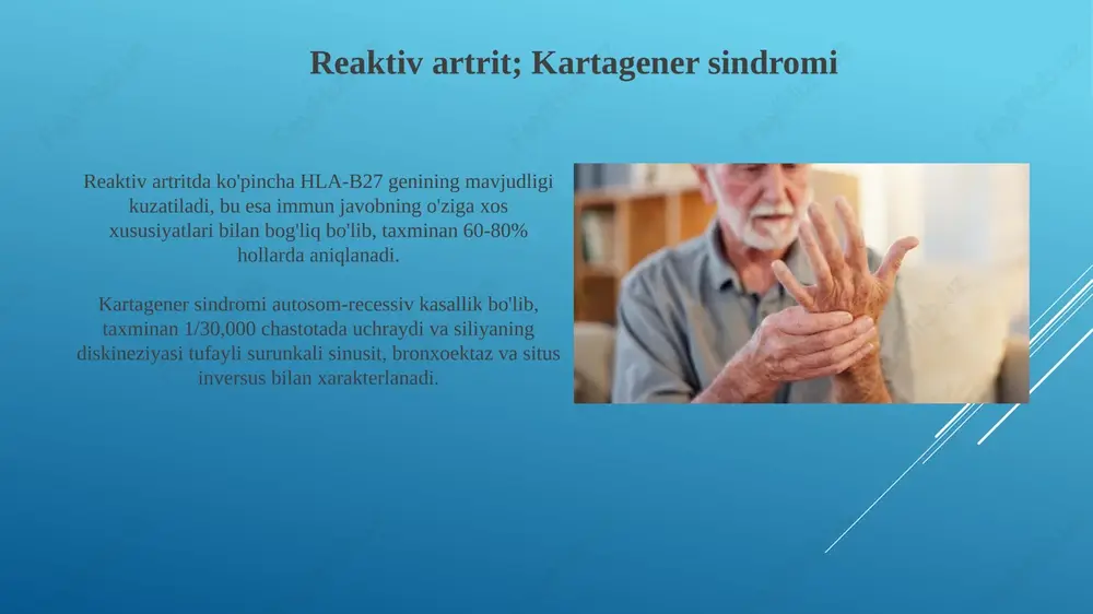 an, amoksitsillin yoki sefalosporinlar, bakterial infeksiyalarni davolashda juda muhim, ammo ular 7-10 kun davomida shifokor nazorati ostida qabul qilinishi kerak. prognoz va xulosa reaktiv artritning prognozi ko'pincha yaxshi, 6 oydan 1 yilgacha davom etadi, ammo 15-30% hollarda surunkali shaklga o'tishi mumkin, ayniqsa hla-b27 musbat bemorlarda. kartagener sindromida umr ko'rish davomiyligi odatda normal, ammo surunkali respirator infektsiyalar va bronxoektazlar tufayli sifat pasayadi. davolash simptomatik va profilaktik choralarga qaratilgan. e'tiboringiz uchun rahmat image1.png image2.jpg image3.jpg image4.jpg image5.jpg image6.jpg image7.jpg image8.jpg image9.jpg image10.jpg image11.jpg image12.jpg
