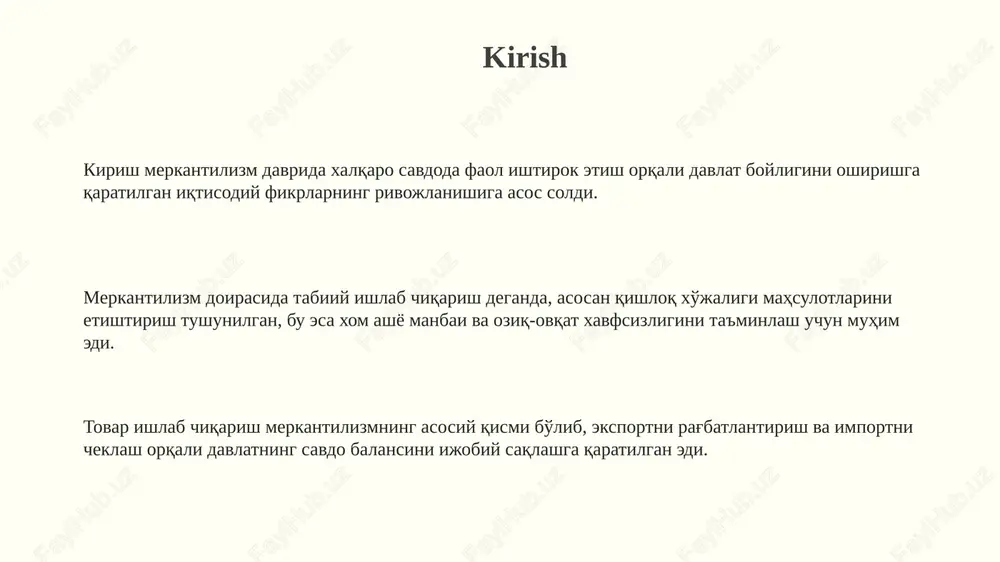 mahsulot eksportini rag'batlantirishga qaratilgan siyosat bilan bog'liq edi. merkantilizm davrida tabiiy resurslarni qazib olish va ishlatish davlat nazorati ostida bo'lib, 17-asrda protektsionizm va bullionizm siyosati orqali amalga oshirilgan. tabiiy ishlab chiqarish merkantilistik nazariyalarda kam ahamiyatga ega bo'lib, 18-asrda adam smit va fiziokratlar tomonidan ishlab chiqilgan erkin bozor tushunchalari bilan keskin farq qiladi. merkantilizm va tovar ishlab chiqarish merkantilistlar tabiiy resurslarni davlatning boyligi sifatida ko'rishgan va tovar ishlab chiqarish orqali ularni qo'shilgan qiymatga ega mahsulotlarga aylantirishga intilishgan. merkantilizm davrida tovar ishlab chiqarishning asosiy maqsadi eksportni rag'batlantirish orqali davlat xazinasini boyitish edi, bu esa 16-18-asrlarda keng tarqalgan edi. ular protektsionizm siyosatini, ya'ni importga yuqori tariflar qo'yishni va eksportni subsidiyalashni qo'llab-quvvatlashgan, tovar ishlab chiqarishni rivojlantirish uchun 1700-yillarda ham. merkantilizmning rivojlanish bosqichlari dastlabki merkantilizm (xvi asr) davrida, davlat boyligi aynan oltin va kumush zaxiralari bilan o'lchanar, eksportni rag'batlantirish va importni qat'iy cheklash orqali bullionizm siyosati yuritilgan. rivojlangan merkantilizm (xvii asr) savdo balansini faol ravishda …