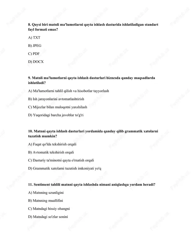 i ma'lumotlarni qayta ishlashda "tokenizatsiya" nimani anglatadi? a) matnni shifrlash jarayoni b) matnni formatlash jarayoni c) matnni o'chirish jarayoni d) matnni tokenlarga (so'zlarga) bo'lish jarayoni javoblar: № javoblar 1 b 2 d 3 b 4 d 5 b 6 d 7 c 8 b 9 d 10 b 11 c 12 d 13 b 14 b 15 a 16 c 17 a 18 a 19 c 20 d /docprops/thumbnail.jpeg