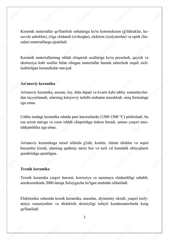 iligini ko'rsatadi. keramik materiallar uchun elastiklik moduli (young moduli) odatda yuqori bo'lib, bu ularning deformatsiyaga qarshiligini anglatadi; misol uchun, alyuminiy oksidining elastiklik moduli 300 gpa dan ortiq. keramik materiallarning termik xususiyatlari keramika materiallarining issiqlik o'tkazuvchanligi 0.02 dan 50 vt/(m·k) gacha bo'lishi mumkin, bu esa ularni yuqori haroratli izolyatsiya va issiqlik uzatish ilovalari uchun mos qiladi. ko'pgina keramika materiallari yuqori issiqlik sig'imiga ega, ya'ni ular haroratni sezilarli darajada oshirmasdan ko'p issiqlik energiyasini saqlay oladi (misol uchun, al2o3 0.8 j/gk atrofida). keramika materiallarining termik kengayish koeffitsienti (cte) metallarga qaraganda ancha past, odatda 10^-6 /°c tartibida, bu issiqlik zarbasiga yaxshi qarshilik ko'rsatadi. keramik materiallarning elektr xususiyatlari keramik materiallar dielektrik xususiyatlari tufayli kondensatorlarda keng qo'llaniladi, yuqori dielektrik o'tkazuvchanligi (εr 10 dan 10,000 gacha) kichik hajmdagi katta sig'imlarni ta'minlaydi. ba'zi keramikalar piezoelektrik xususiyatlarga ega bo'lib, mexanik bosim ostida elektr zaryadini hosil qiladi, sezgichlarda va aktuatorlarda qo'llaniladi, masalan, qo'rg'oshin sirkonat titanat (pzt). yuqori haroratli o'tkazuvchanlikka ega …