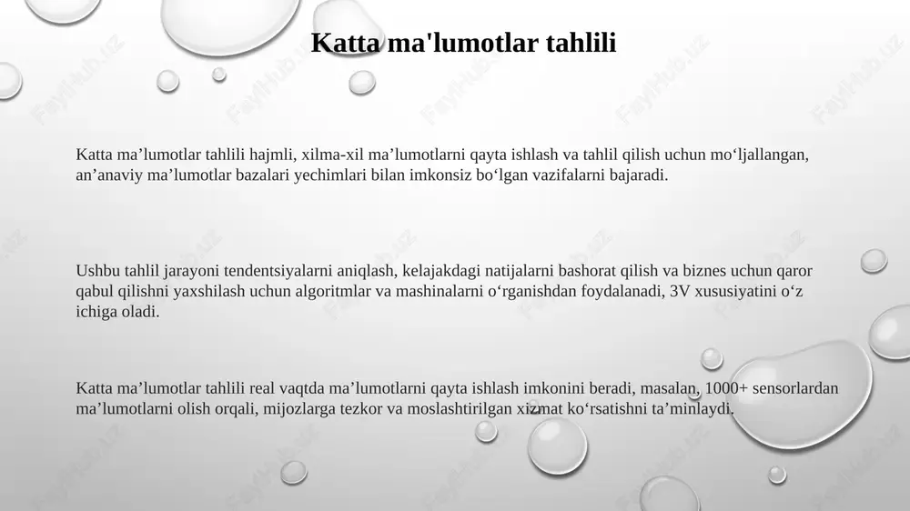 di. kiberxavfsizlik kiberxavfsizlik 3-qatorli himoyani o'z ichiga oladi: texnologiya (firewall, antivirus), jarayonlar (xavfsizlik siyosati), insonlar (xodimlarning xabardorligi) zaifliklarni kamaytirish va ma'lumotlarni himoya qilish uchun. ddos hujumlari kiberxavfsizlik uchun katta muammo hisoblanadi. ular 1000lab soxta so'rovlar yuborish orqali serverlarni ortiqcha yuklaydi va 99% hollarda ularni ishdan chiqaradi. kiberkriminalning o'sishi bilan, 2024-yilda faqat sun'iy intellekt bilan ishlaydigan kiberxavfsizlik yechimlari 85% holatda zamonaviy tahdidlarga qarshi tura oladi, deb taxmin qilinmoqda. raqamli platformalar va ekotizimlar ekotizimlar qiymat yaratish uchun hamkorlik qiladigan 5 dan ortiq raqamli platformalar, texnologiyalar va tashkilotlar yig'indisidir, masalan, 10 dan ortiq kompaniyalar ishtirok etishi mumkin. raqamli platformalar 2 tomonlama bozor sifatida ishlaydi, 1 tarafdan xizmat ko'rsatuvchilar, 2 tarafdan foydalanuvchilarni birlashtirib, 3-party ilovalari uchun imkoniyat yaratadi. platformalarning kengaytirilgan funksionalligi api (application programming interface) orqali 7/24 soat uzluksiz ta'minlanadi, bu esa 40% gacha integratsiya xarajatlarini kamaytiradi. e'tiboringiz uchun rahmat image3.png image1.png image2.png