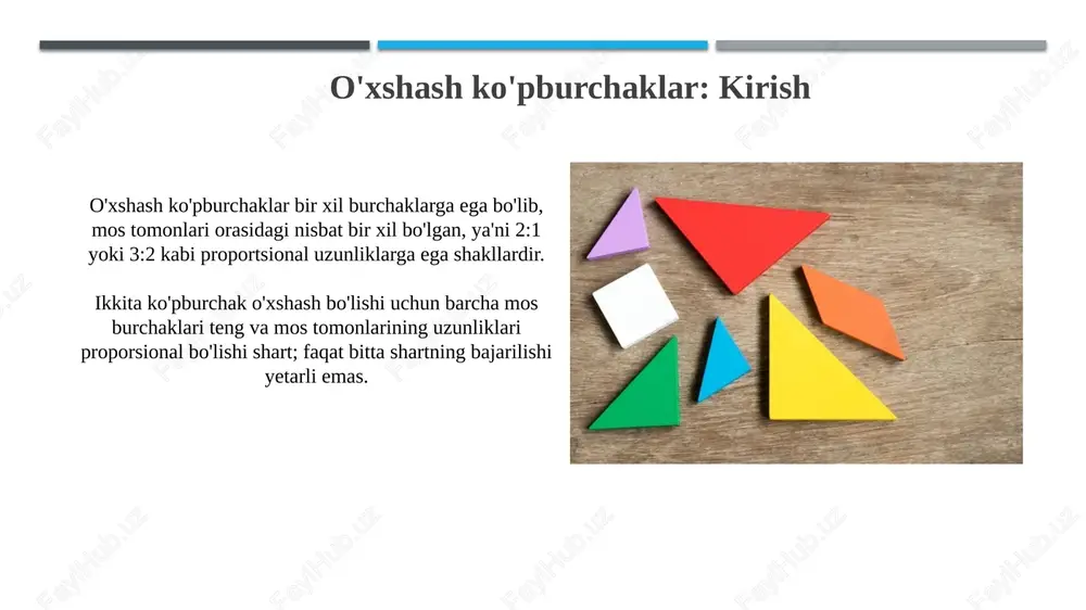llash binolarning 3d modellarini yaratishda, ayniqsa, masshtablashda muhim rol o'ynaydi. masalan, 1:100 masshtabda loyihalash jarayonida geometrik o'xshashlikni ta'minlash zarur. kartografiyada o'xshashlik xaritalarni yaratishda, ayniqsa, proyektsiyalashda qo'llaniladi. yerning egri yuzasini tekislikka o'tkazishda shakllarning o'xshashligini saqlash, 1:50000 masshtab kabi, muhim ahamiyatga ega. misollar bilan masalalar yechish masalalarni misollar bilan yechishda, 3 ta o'xshash ko'pburchakning tomonlari 2:3:4 nisbatda bo'lsa, ularning perimetrlari ham xuddi shu nisbatda bo'lishini tushuntirish muhim. ko'pburchaklarni o'xshashligini isbotlash uchun, kamida 2 ta mos burchak tengligini yoki barcha mos tomonlar proporsional ekanligini ko'rsatish kerak, bu esa 5-sinf o'quvchilariga tushunarli bo'lishi lozim. xulosa va yakuniy fikrlar o'xshash ko'pburchaklar nisbati 1:n bo'lsa, ularning perimetrlari nisbati ham 1:n bo'ladi, lekin yuzalari nisbati 1:n² bo'ladi. bu geometriyada muhim xulosadir. ko'pburchaklarning o'xshashligini aniqlash uchun, barcha mos burchaklar teng va mos tomonlar nisbati bir xil ekanligini isbotlash kerak, aks holda shakllar o'xshash emas. e'tiboringiz uchun rahmat image1.png image2.jpg image3.jpg image4.jpg image5.jpg image6.jpg image7.jpg image8.jpg image9.jpg image10.jpg image11.jpg …