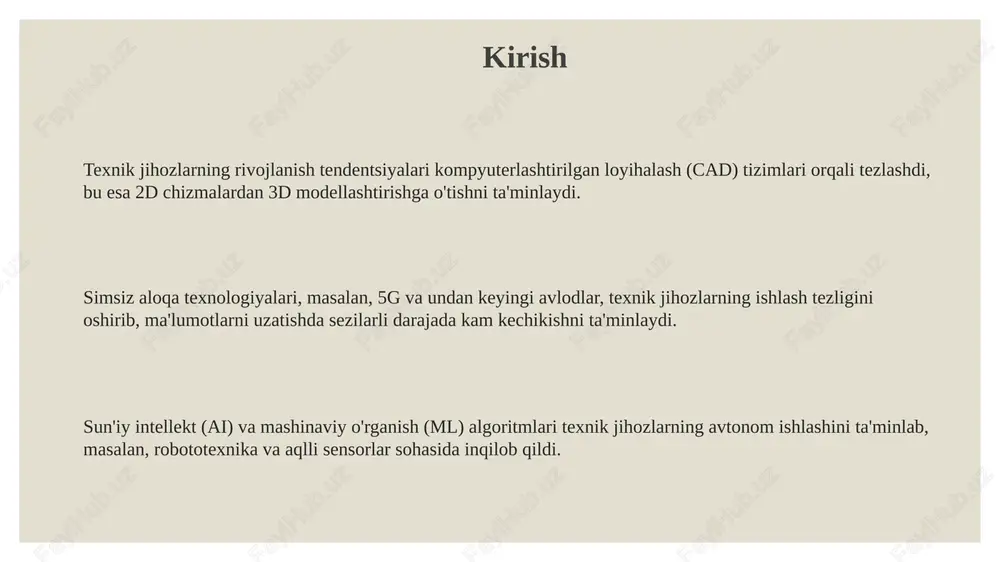 barobar tezroq bo'lib, virtual va kengaytirilgan reallikni yanada rivojlantiradi. sun'iy intellekt (si) 6g aloqa tizimlarida muhim rol o'ynaydi, resurslarni dinamik boshqarish, tarmoqni optimallashtirish va xavfsizlikni kuchaytirish uchun algoritmlardan foydalanadi. 6g texnologiyasi submillimetr to'lqinlar va terahertz diapazonlaridan foydalanish orqali spektrning yuqori chastotalarida ishlashga yo'naltirilgan, bu esa keng polosali aloqani ta'minlaydi. internet of things (iot) 5g texnologiyasi iot qurilmalarining imkoniyatlarini oshirmoqda, yuqori tezlik, past kechikish va katta hajmli ulanish imkonini beradi, bu esa aqlli shaharlar va sanoat avtomatlashtirishi kabi sohalarni rivojlantiradi. iot-ning tendensiyalaridan biri edge computing boʻlib, maʼlumotlarni bulutga yuborish oʻrniga qurilmalarda qayta ishlash vaqtini qisqartiradi, xavfsizlikni yaxshilaydi hamda real vaqtda ishlash imkonini beradi. sun'iy intellekt (ai) va mashinaviy oʻrganish (ml) iot qurilmalari orqali yig'ilgan ma'lumotlardan oʻrganish va bashorat qilish imkonini beradi, shu bilan samaradorlikni oshirib, texnik xizmat xarajatlarini kamaytiradi. kengaytirilgan va virtual reallik (ar/vr) ar/vr sohasida immersiv texnologiyalar rivojlanib, 2024-yilda $30.7 milliard bozor hajmi prognoz qilinmoqda, bu esa sanoat, ta’lim va …