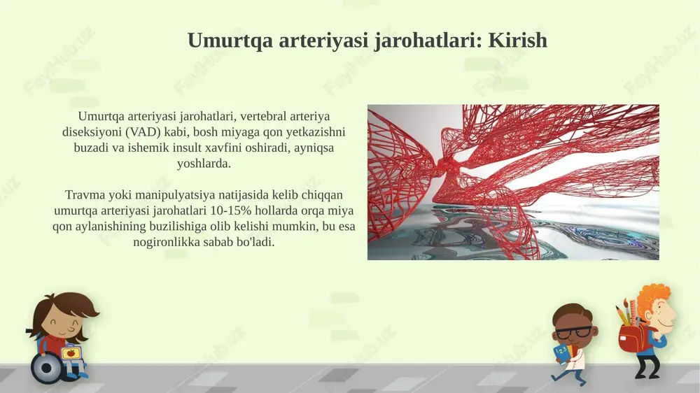 irish uchun ishlatiladi. jarrohlik davolash usullari vertebral arteriya jarohatlarida uni tiklash, bypass qilish yoki bog'lashni o'z ichiga oladi, ayniqsa 3-zonadagi shikastlanishlar uchun. jarrohlik davolash usullari vertebral arteriyani jarrohlik yo'li bilan tiklash, masalan, mikroxirurgik usullar bilan 5-7 mm gacha bo'lgan shikastlangan joylarni tiklash imkonini beradi. endovaskulyar davolash, stendlash yoki embolizatsiya orqali 8 mm dan katta bo'lgan vertebral arteriyani oklüzyonini bartaraf etishga yordam beradi va qon oqimini tiklaydi. jarrohliksiz davolash usullari vertebral arteriya shikastlanishida jarrohliksiz davolash usullari qon quyuqlashishini kamaytirish uchun antikoagulyantlar, masalan, heparin yoki varfarindan foydalanishni o'z ichiga oladi. fizioterapiya va reabilitatsiya vertebral arteriya shikastlanishidan so'ng bo'yin harakatini yaxshilash, og'riqni kamaytirish va umurtqa pog'onasi funktsiyasini tiklashga qaratilgan. umurtqa arteriyasi jarohatlarining asoratlari umurtqa arteriyasi jarohatlari miyaga qon yetkazib berishni buzishi mumkin, bu esa ishemik insultga olib kelishi mumkin. taxminan 20-25% hollarda bu holat kuzatiladi. umurtqa arteriyasi shikastlanishi natijasida wallenberg sindromi (lateral medullyar sindrom) yuzaga kelishi mumkin, bunda 5 ta kranial nerv zararlanadi. …