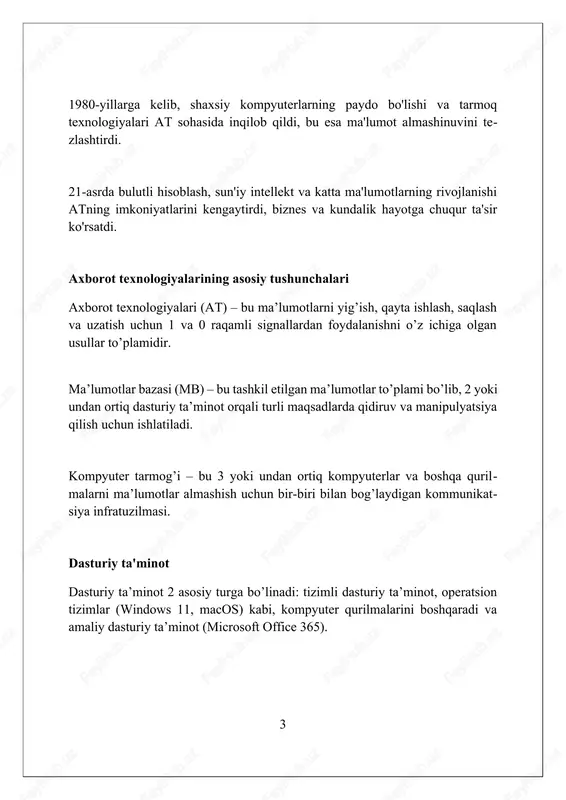 tarmoqlari resurslarni baham ko'rishga imkon beradi, masalan, bir printerdan foydalanish, xarajatlarni kamaytirish va samaradorlikni oshirish uchun 100 ta kompyuterni ulash imkoniyatini beradi. ip-manzillar har bir qurilmaga noyob identifikator beradi, tarmoqda ma'lumotlar qayerga yuborilishini aniqlashga yordam beradi; masalan, 192.168.1.100 - tipik lokal tarmoq manzili. simsiz tarmoqlar 2.4 ghz va 5 ghz chastotalarida ishlaydi; 5 ghz chastotasi tezroq, lekin qamrovi kamroq, 2.4 ghz esa uzoqroq masofaga etadi. internet va world wide web internet – bu millionlab kompyuterlarni butun dunyo bo‘ylab bog‘laydigan, 1960-yillarda aqsh mudofaa vazirligi tomonidan yaratilgan global kompyuter tarmog‘idir. world wide web (www) – bu internetda joylashgan o‘zaro bog‘langan hujjatlar (web-sahifalar) tizimi bo‘lib, 1989-yilda tim berners-li tomonidan ishlab chiqilgan. internet infratuzilmani ta’minlaydi, www esa o‘sha infratuzilma orqali odamlar ko‘radigan va o‘zaro aloqa qiladigan tarkib (masalan, 3 milliarddan ortiq veb-sahifa) bilan ta’minlaydi. axborot xavfsizligi axborot xavfsizligi, davlat sirlarini himoya qilishdan tashqari, shaxsiy ma'lumotlar, moliyaviy hisobotlar va tijorat sirlari kabi muhim aktivlarni himoya …