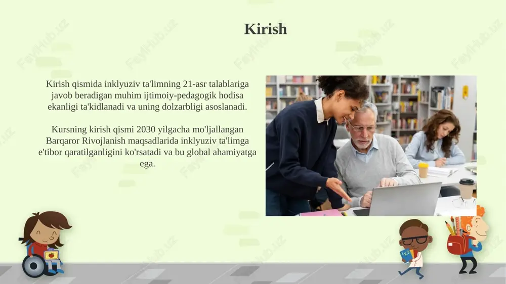 olgan holda, progressini kuzatishdan iborat. inklyuziv ta'limda baholashning vazifasi 3 asosiy elementdan iborat: o'quvchining kuchli tomonlarini aniqlash, rivojlanish sohalarini belgilash va 2-maqsadga erishish uchun sharoit yaratish. individual ta'lim rejalari individual ta'lim rejalari (itr) har bir o'quvchining noyob ehtiyojlarini qondirish uchun mo'ljallangan, qisqa va uzoq muddatli maqsadlarni o'z ichiga olgan hujjatdir. itrda o'quvchining joriy darajasi, o'qitish strategiyalari va muvaffaqiyatni o'lchash usullari kabi muhim ma'lumotlar, shu jumladan, 3-5 asosiy yo'nalishlar ko'rsatiladi. ota-onalarning ishtiroki ota-onalarning faol ishtiroki bolaning erta rivojlanishida 75% gacha ijobiy ta'sir ko'rsatadi, bu esa kelajakdagi ta'lim muvaffaqiyatini oshiradi. inklyuziv ta'limda ota-onalarning 5 ta asosiy roli mavjud: qo'llab-quvvatlash, axborot manbai, qaror qabul qilishda ishtirok etish, hamkorlik va advokatlik. inklusiv ta'limning afzalliklari inklyuziv ta'lim erta aralashuv dasturlari orqali erta yoshdagi bolalarning 25% ko'proq ijtimoiy ko'nikmalarini rivojlantirishga yordam beradi. o'quvchilarning 30% gacha inklyuziv sinflarda umumiy ta'lim dasturlarida qatnashgan tengdoshlaridan yuqori o'zlashtirish ko'rsatkichlariga erishadilar. qiyinchiliklar va ularni yengish yo'llari o'qituvchilarning tayyorgarligi pastligi, masalan, iep …