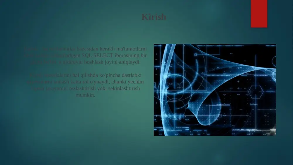 di, bunda har bir kuzatuv tenglamaning koeffitsientlari va erkin hadini aniqlaydi, masalan, 3x + 4y = 7 ko'rinishida. eng kichik kvadratlar usuli kuzatuv ma'lumotlari asosida chiziqli tenglamalar sistemasini yechishda keng qo'llaniladi, bunda xatoliklar yig'indisi minimallashtiriladi, natijada eng yaxshi yechim topiladi. eng kichik kvadratlar usuli eng kichik kvadratlar usuli (ekk) xatoliklar kvadratlarining yig'indisini minimallashtirish orqali berilgan ma'lumotlarga eng mos keladigan chiziqni topish imkonini beradi. ushbu usulda qoldiqlar hisoblanadi. ekk sistemadagi har bir tenglama uchun og'ishlarni hisoblab, ularning kvadratlarini oladi va yig'indini topadi. maqsad – bu yig'indini minimal holatga keltirish orqali parametrlarni aniqlashdir. xulosa xulosa shuni ko'rsatadiki, chiziqli tenglamalar sistemasini yechish usullari, kuzatuv ma'lumotlarini tahlil qilishda muhim rol o'ynaydi va 2x2, 3x3 sistemalarni samarali hal etadi. yakuniy natijalar shuni ko'rsatadiki, 3 ta noma'lumli tenglamalar sistemasini yechish uchun gauss usuli eng samarali hisoblanadi, chunki xatolik darajasi 0.05 dan kam. e'tiboringiz uchun rahmat image7.jpg image8.jpg image9.jpg image10.jpg image11.jpg image12.jpg image13.jpg image14.jpg image15.jpg image16.jpg image17.jpg …