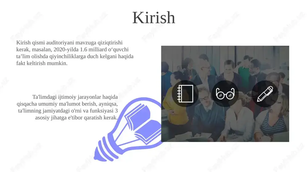 kazlarini tashkil etish muhimdir. qishloq joylarda erta rivojlanish markazlarini barpo etish, 5 yoshgacha bo'lgan bolalarning 75 foizini maktabgacha ta'lim bilan qamrab olish, imkoniyatlarni tenglashtirish uchun zarur. ijtimoiy o'zgarishlar va ta'limning moslashuvi ijtimoiy o'zgarishlar ta'lim tizimini modernizatsiya qilishni talab etadi, masalan, 21-asr ko'nikmalarini (kreativlik, tanqidiy fikrlash) o'rgatish va aktdan foydalanishni kengaytirish. ijtimoiy mobillikni oshirish uchun ta'limning moslashuvi, jumladan, kam ta'minlangan oilalar uchun imtiyozli kreditlar yoki grantlar ajratish orqali ta'limga teng imkoniyat yaratish muhim. ta'lim va globalizatsiya 01 02 globalizatsiya ta’lim standartlariga 21-asr ko‘nikmalarini (4k: kreativlik, tanqidiy fikrlash, kommunikatsiya, hamkorlik) integratsiya qilishni talab etadi, bu esa raqobatbardoshlikni oshiradi. sales 1st qtr 2nd qtr 100 0 sales 1st qtr 2nd qtr 100 0 texnologiyaning ta'limga ta'siri texnologiyalar, masalan, interaktiv doskalar va onlayn resurslar, o'quvchilarga 25% gacha ko'proq materialni tushunishga yordam beradi, darslarni qiziqarli qiladi va o'quv jarayonini jadallashtiradi. sun'iy intellektga asoslangan ta'lim platformalari, shaxsiy ehtiyojlarga moslashuvchanligi sababli, o'quvchilarning o'zlashtirish darajasini 30% gacha oshirishi …