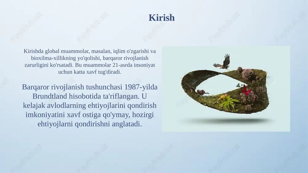 t va ekologik barqarorlikni qamrab oladi. o'zbekiston respublikasi prezidentining 2019-yil 4-oktabrdagi pf-5831-son farmoni bilan "2030 yilgacha bo'lgan davrda barqaror rivojlanish sohasidagi milliy maqsad va vazifalarni amalga oshirish bo'yicha chora-tadbirlar to'g'risida"gi qaror qabul qilindi. xulosa xulosa shuni ko'rsatadiki, 2030 yilga borib barqaror rivojlanish maqsadlariga erishish uchun resurslardan 50% tejamkor foydalanish va texnologiyalarni joriy etish zarur. ekologik barqarorlikni ta'minlash uchun chiqindilarni kamaytirish, qayta ishlashni 75% ga oshirish va biologik xilma-xillikni saqlash bo'yicha ko'proq sa'y-harakatlar talab etiladi. e'tiboringiz uchun rahmat image4.png image6.jpg image7.jpg image8.jpg image9.jpg image10.jpg image11.jpg image12.jpg image13.jpg image14.jpg image15.jpg image16.jpg image3.jpeg