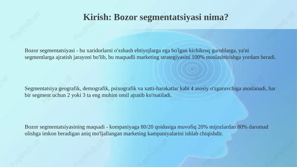 u marketing xabarlarini moslashtirishga yordam beradi. ushbu segmentatsiya individual xususiyatlarni, masalan, shaxsiyat turlari (innovatorlar, konservatorlar) yoki hayotiy maqsadlarni (sog'lom turmush tarzi, jamiyatga hissa qo'shish) baholaydi va 3-4 ta asosiy guruhga bo'ladi. psixografik ma'lumotlar marketing strategiyalarining muvaffaqiyatini 20-30 foizga oshirishi mumkin, chunki kompaniyalar o'z mijozlarining motivatsiyasini tushunib, ularga mos keladigan mahsulot va xizmatlarni taqdim etadilar. xulq-atvor segmentatsiyasi brendga sodiqlik xulq-atvor segmentatsiyasida muhim omil bo'lib, mijozlarni 5 xil toifaga bo'lishga imkon beradi: umuman sodiq emasdan mutlaq sodiqgacha. xulq-atvor segmentatsiyasi mijozlarni ularning mahsulotlardan foydalanish chastotasi, masalan, har hafta yoki har oyda xarid qilish asosida ajratadi. foyda izlash segmentatsiyasi mijozlarni mahsulotdan kutadigan asosiy 4 ta foydaga qarab segmentlashni nazarda tutadi: sifat, xizmat, iqtisod va tezlik. segmentatsiya afzalliklari segmentatsiya xarajatlarni kamaytiradi, chunki marketing byudjeti aniq mo'ljallangan segmentlarga yo'naltiriladi, bunda 15% dan 20% gacha resurslar tejalishi mumkin. segmentatsiya mijozlar ehtiyojlarini qondirish imkoniyatini oshiradi, chunki 75% gacha moslashtirilgan mahsulot va xizmatlar iste'molchilarning talablarini to'liq qondiradi. segmentatsiya marketing …