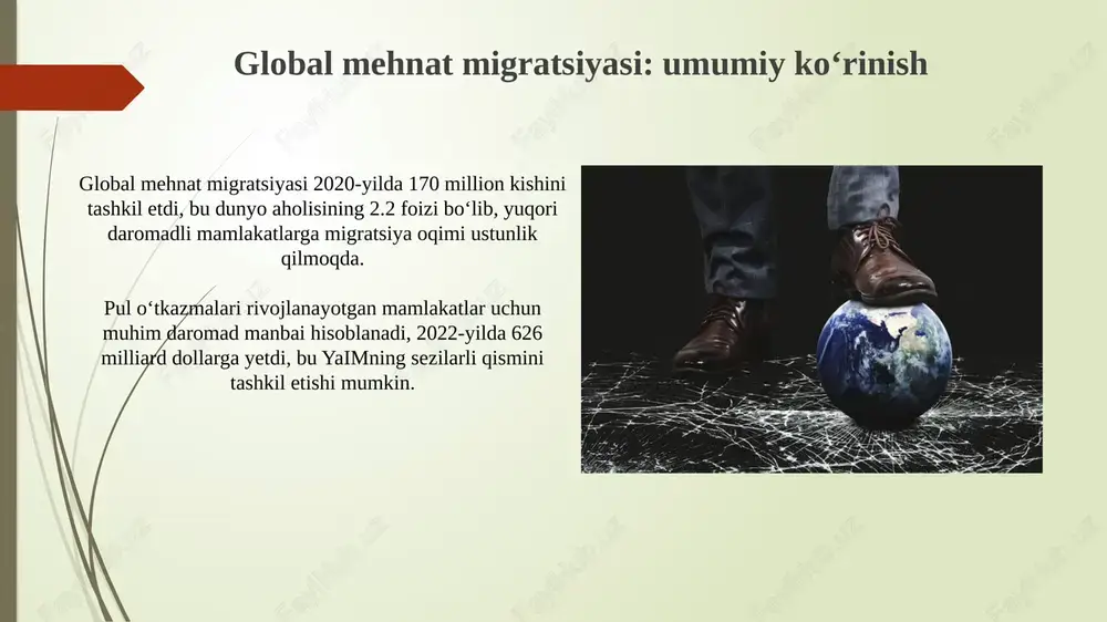 'rtacha yoshini oshiradi va ishchi kuchi kamayadi. davlat siyosati va migratsiyani boshqarish o'zbekiston respublikasida migratsiya siyosati 2021-2030 yillarga mo'ljallangan migratsiya konsepsiyasi asosida olib borilib, mehnat migrantlarini qo'llab-quvvatlashga qaratilgan. migratsiyani boshqarish davlat organlari, jumladan bandlik va mehnat munosabatlari vazirligi orqali amalga oshiriladi, bu organ xorijda ish topishga yordam beradi. global migratsiyaning kelajagi: prognozlar va muammolar texnologik taraqqiyot 2030-yilga borib ba’zi ish o’rinlarini avtomatlashtirsa-da, g’arbda malakali ishchi kuchiga bo’lgan talab yuqori bo’lib qoladi, bu esa migratsiyani kuchaytiradi. iqlim o‘zgarishi 2050-yilga kelib osiyo va afrikadan millionlab odamni ko‘chishga majbur qilishi mumkin, bu esa global migratsiya oqimlarida keskin o‘zgarishlarga olib keladi. xulosa va tavsiyalar xulosa shuni ko'rsatadiki, migrantlarning pul o'tkazmalari (2023-yilda $689 milliard) kambag'al mamlakatlarning yaimning 5 foizigacha bo'lgan qismini tashkil qilishi mumkin. tavsiyalar orasida migrantlarning integratsiyalashuvini kuchaytirish uchun 1951-yilgi konventsiyaga muvofiq ta'lim dasturlarini (har bir dasturga $500,000 ajratish) ko'paytirish kerak. e'tiboringiz uchun rahmat image2.jpg image3.jpg image4.jpg image5.jpg image6.jpg image7.jpg image8.jpg image9.jpg image10.jpg image11.jpg …