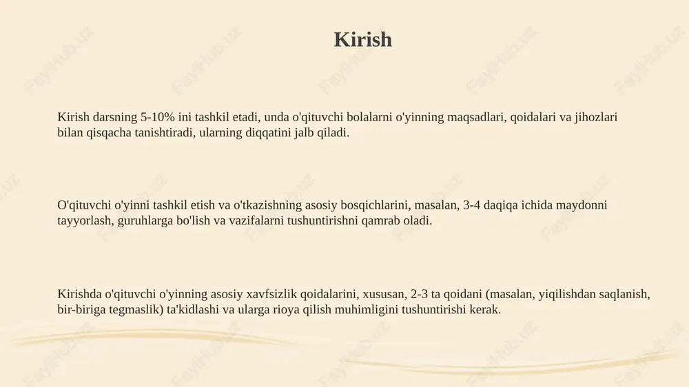 hlarga bo'lishda, 10-15 kishilik teng sonli jamoalar tuzish muhim, bu har bir ishtirokchiga aktiv ishtirok etish imkonini beradi. guruhlarga ajratishda, 4-5 yoshdan kattalarga vazifalarni belgilash, masalan, sardor tayinlash orqali jamoa ichidagi tartib va ​​mas'uliyatni oshirish mumkin. o'yinni boshqarish usullari o'yinni boshqarishda 1-usul - bu aniq qoidalar belgilash, har bir ishtirokchi ularni tushunishi va 2 daqiqada o'yin davomida rioya qilishi shart. 2-usul - bu o'yin vaqtida rag'batlantirish tizimini qo'llash, masalan, har 5 daqiqada eng yaxshi natijalarni e'lon qilish orqali motivatsiyani oshirish. 3-usul - bu differentsial yondashuv, ya'ni har bir o'yinchi uchun 3 xil qiyinchilik darajasini taqdim etish va ularning qobiliyatiga moslashish. o'yin davomida xavfsizlikni ta'minlash o'yin maydonining tekisligi va xavfli narsalardan (tosh, shisha, o'tkir buyumlar) holi ekanligini tekshiring, har 15 daqiqada nazorat qilib turing. har bir o'yin uchun bolalarning yoshiga mos keladigan uskunalar tanlang. masalan, 7-10 yoshdagi bolalar uchun yengil to'pdan foydalanish kerak. o'yin qoidalarini tushuntiring va barcha bolalar ularni tushunganligiga …