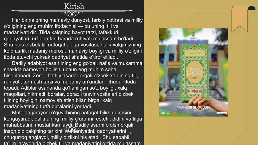 huv jarayonida o‘zbek tili va madaniyatining o‘zaro bog‘liqligini saqlash, uni yosh avlod ongiga singdirish katta ahamiyat kasb etadi. mustaqillik yillarida o‘zbek tiliga davlat tili maqomi berilishi, madaniy merosni asrash bo‘yicha qabul qilingan davlat dasturlari bu boradagi e’tiborning yuksak darajada ekanini ko‘rsatadi. shuningdek, zamonaviy o‘zbek yozuvchilari va shoirlari (erkin vohidov, abdulla oripov, xurshid davron, tohir malik, halima xudoyberdiyeva va boshqalar) asarlarida o‘zbek tili va madaniyatining uyg‘unligi zamonaviy ruhda ifoda topmoqda. demak, o‘zbek tili milliy madaniyatning asosi, uning eng muhim tashuvchisi hisoblanadi. tilni rivojlantirish va asrash — bu aslida madaniyatni, milliy o‘zlikni asrashdir. badiiy adabiyot esa til va madaniyat o‘rtasidagi eng faol ko‘prik bo‘lib, milliy qadriyatlarni tilda ifoda etish orqali xalq ruhiyatini, tafakkurini va tarixini abadiylashtiradi. ... t.me/slaydai_bot 2-reja: o‘zbek adabiyotidagi milliylikni ifoda etgan badiiy asarlar badiiy asar — bu xalqning ruhiy olami, tarixiy xotirasi va madaniy qadriyatlarini ifodalovchi eng muhim ma’naviy manbadir. u nafaqat estetik zavq beruvchi san’at asari, balki millat …