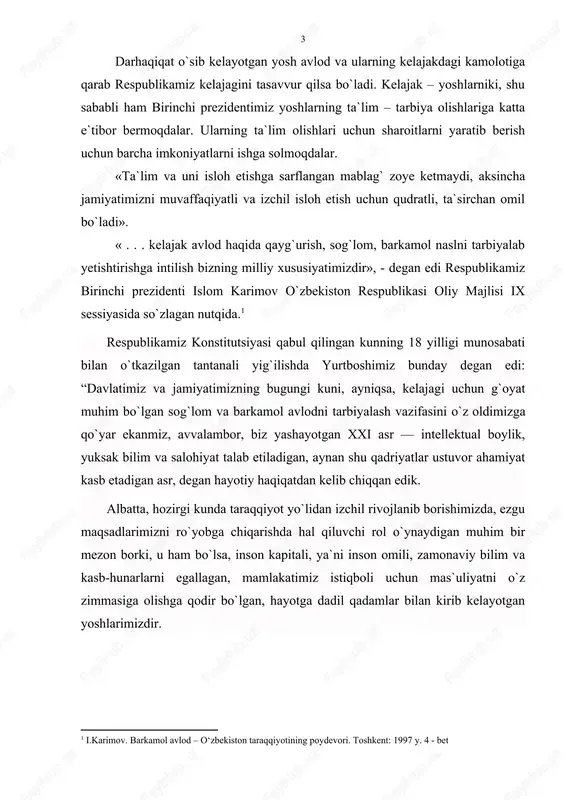 z istiqboli uchun mas`uliyatni o`z zimmasiga olishga qodir bo`lgan, hayotga dadil qadamlar bilan kirib kelayotgan yoshlarimizdir. 1. o`zbekiston respublikasi birinchi prezidenti islom karimov asarlari mustaqillikning kelajakdagi istiqboli, islohotlarning taqdiri ko`p jihatdan mamlakatimizning ertangi kuni va taraqqiyotini o`z zimmasiga olishga qodir bo`lgan sog`lom va uyg`un kamol topgan avlodni tarbiyalash bilan bog`liq. endigina o`sib va unib kelayotgan yigit va qizlarimizni har tomonlama kamol topgan shaxslar etib shakllantirmasdan turib o`zbekistonning kelajagini tasavvur qilib bo`lmaydi. kishi o`z hayotida barkamollikka qanchalik intilsa, , shunchalik takomillashib boradi. bizning xalqimiz bola tarbiyasida boy tajribaga ega. ta`lim – tarbiya axloq, urf – odatlarga oid dastlabki fikrlar qadimgi bitiklarda va boshqa yozma manbalarda o`z ifodasini topgan. bulardan tashqari o`zbek xalqi o`rtasida keng tarqalgan pandnomalarda, o`gitlarda, xalq pedagogikasida, falsafiy risolalarda va allomalar merosida barkamol shaxsni tarbiyalash masalalariga keng o`rin berilgan. barkamol avlodni tarbiyalash orzusiga o`z tariximizdan juda ko`p dalillar keltirishimiz mumkin. al – forobiyning «fozil odamlar shahri» asaridagi g`oyalarga ko`ra …