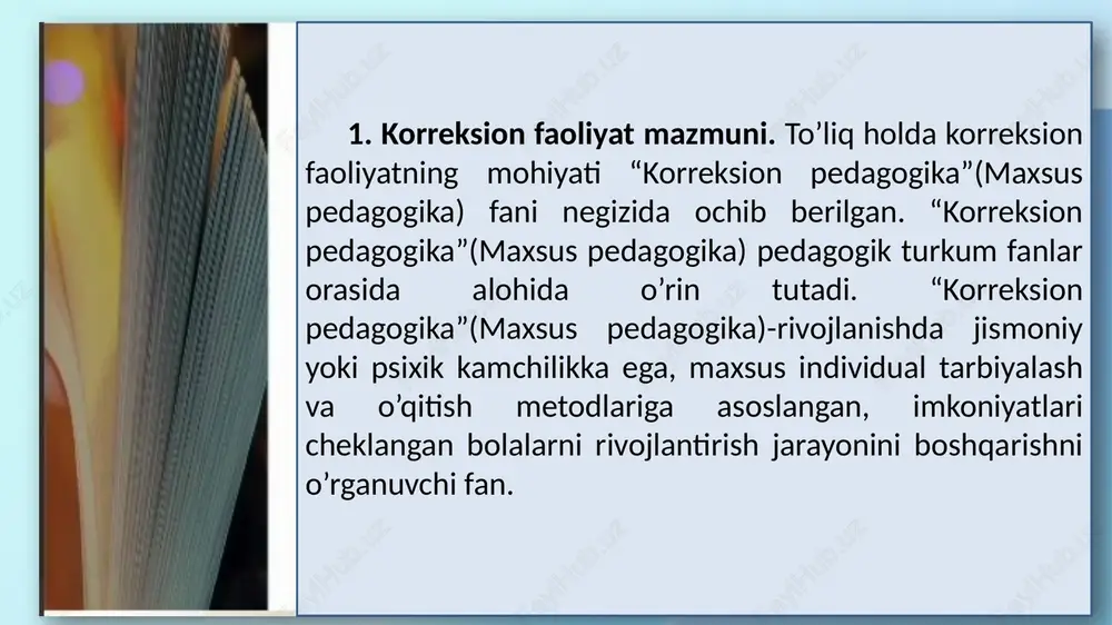 hiriladi va bunda ko’p omillikni inobatga olinadi. korreksiyalashning ustivor tamoyillarini quyidagilar tashkil qiladi. asosiy yo‘nalishlari o‘quvchi shaxsini rivojlantirishni tashxislash va tuzatish birligi tuzatish va rivojlanish birligi o‘quvchi shaxsini rivojlantirishdagi yosh birligi pedagogik tuzatishni izchil amalga oshirish tamoyili o‘quvchining individual xususiyatini inobatga olish tamoyili “yuqoridan pastgacha” tuzatish tamoyili (l.s.vigotskiy) 1.tuzatish va rivojlantirish birligi. unga ko’ra pedagogik tuzatishning zarurligi haqidagi qaror faqat o’quvchi shaxsi rivojlanishining ichki va tashqi sharoitlarini psixologik-pedagogik tahlil qilish asosida qabul qilinadi. 2. o’quvchi shaxsini rivojlantirishdagi yosh birligi. bu o’quvchiga uning yoshi rivojlanishi nuqtai nazaridan individual yondashuvni bildiradi. 3. o’quvchi shaxsini rivojlantirishni tashxislash va tuzatish birligi. tuzatish ishlari mavjud muammolarni faqat o’quvchining keyingi “rivojlanish hududi”ni uning o’ziga xosligi asosida kelib chiqadigan keyingi ehtimoliy rivojlanishini bashoratlash yaxlit holatda tashxislash hamda baholashda iboratligini anglatadi. pedagogik tuzatish va rivojlsnish bir-biri bilan uzviy bog’liq. zero, pedagogik tuzatishning natijasi o’quvchi shaxsini rivojlantirishning anglatadi. 4. pedagogik tuzatishning izchil amalga oshirish tamoyili. o’quvchining faolligi uni rivojlantirishda …