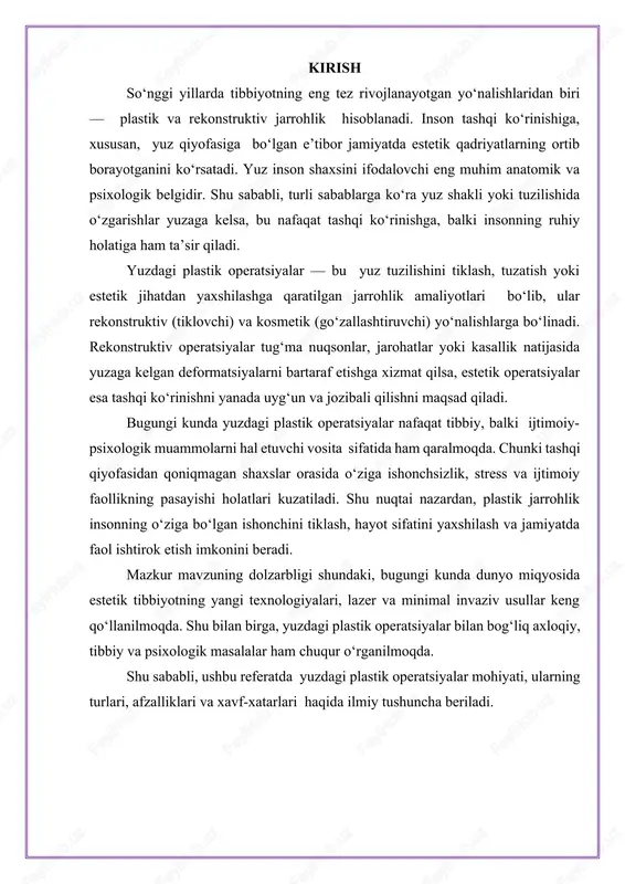 ilmiy asoslari plastik jarrohlik — bu inson tana qismlarining shaklini, funksiyasini yoki tashqi ko‘rinishini tiklashga yoki yaxshilashga qaratilgan tibbiyot sohasi bo‘lib, u ikki asosiy yo‘nalishga bo‘linadi: 1. rekonstruktiv jarrohlik – tug‘ma yoki orttirilgan nuqsonlarni tiklashga qaratilgan. 2. estetik (kosmetik) jarrohlik – tashqi ko‘rinishni yaxshilash, estetik muvozanatni tiklash maqsadida bajariladi. ilmiy jihatdan plastik jarrohlik anatomiya, fiziologiya, histologiya va biomexanika fanlari bilan uzviy bog‘liq. har bir operatsiyada jarroh nafaqat teri yoki mushak qatlamlarini, balki to‘qimalarning tiklanish qobiliyati, qon aylanish tizimi va asab impulslarining qayta tiklanish jarayonlarini ham hisobga oladi. yuzdagi plastik operatsiyalarning ilmiy asoslari yuzdagi plastik operatsiyalar — bu morfologik tuzilmani anatomik va fiziologik asosda qayta tiklashga qaratilgan murakkab jarayon. ular quyidagi ilmiy tamoyillarga asoslanadi: biologik muvofiqlik tamoyili – o‘zgartirilayotgan yoki tiklanayotgan to‘qima tabiiy muhitga mos bo‘lishi kerak; minimal invazivlik – yuz nervlari va qon tomirlariga zarar yetkazmaslik maqsadida eng kam kesma bilan operatsiya o‘tkazish; simmetriya va estetik mutanosiblik – yuz shaklining …