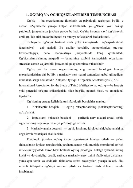 n tomir va endokrin tizimlarda stress reaksiyalari yuzaga keladi. shu sababli tibbiyotda og‘riqni nazorat qilish va bartaraf etish dolzarb masala hisoblanadi. tibbiyot amaliyotida og‘riq bir necha mezonlar asosida tasniflanadi: 1. fiziologik og‘riq — qisqa muddatli, ogohlantiruvchi xarakterga ega (masalan, igna sanchilishi). 2. patologik og‘riq — uzoq davom etuvchi, kasallik yoki to‘qimalarning shikastlanishi natijasida yuzaga keladigan og‘riq (masalan, nevralgiya, artrit, migrenda). 3. somatik og‘riq — mushak, suyak va teri retseptorlaridan keladigan og‘riq. 4. visseral og‘riq — ichki a’zolardan keladigan og‘riq. 5. nevropatik og‘riq — nerv tizimining o‘zida shikastlanish natijasida paydo bo‘ladigan og‘riq. bu turdagi og‘riqlar har xil fiziologik va psixologik mexanizmlar bilan bog‘liq bo‘lib, ularni bartaraf etish uchun turli usullar qo‘llaniladi. og‘riqsizlantirish — bu tibbiy usul bo‘lib, bemor organizmida og‘riq sezuvchanligini vaqtincha to‘xtatish yoki kamaytirishga qaratilgan muolajadir. yunoncha “an” — “yo‘q” va “aisthesis” — “sezgi” so‘zlaridan olingan bo‘lib, “sezuvchanlikning yo‘qolishi” ma’nosini anglatadi. anesteziya 19-asrning o‘rtalarida tibbiyotda keng qo‘llanila boshlagan. 1846-yilda amerikalik …