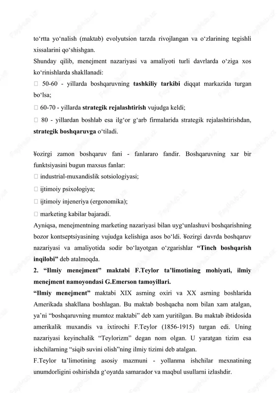 natining unumdorligini oshirishda g‘oyatda samarador va maqbul usullarni izlashdir. uning tamoyillariga binoan:  mexnatning xar bir jarayoni, uning ko‘lami va ketma-ketligi aniq-puxta ixtisoslashtirilishi shart;  xar bir mexnat turi qat’iy vaqt oralig‘ida taqsimlanishi lozim;  xar bir mexnat jarayoni va xatto xar bir xarakat puxta ishlab chiqilgan qoidalarga bo‘ysindirilgan bo‘lishi kerak;  yuqoridan belgilab berilgan ish usullari va qoidalarni bajarish uchun doimiy talabchan nazorat amalga oshirilishi lozim.  ishchilar malakasi va saviyasiga qarab joy-joyiga qo‘yilishi shart;  boshqaruvchi bilan boshqariluvchi mas’uliyatini aniq belgilash va vazifalarini to‘g‘ri taqsimlash shart. baravar (100%ga) o‘sishiga olib keladi. ayniqsa, uning qo‘llagan xaronometraj usuli diqqatga sazovordir. f.teylor tamoyiliga binoan raxbar va mutaxassislarni kam malaka talab qiladigan ijrochilik mexnatidan va ularga xos bo‘lmagan vazifalardan ozod qilinishi va ishchidan esa boshliqlarning barcha buyruqlarini xech qanday muloxaza yuritmasdan, biror bir shaxsiy tashabbus ko‘rsatmasdan aniq xamda tez bajarishini talab qilinar edi. f.teylor boshqarishni “aniq qonun va qoidalarga tayanadigan xaqiqiy ilm, …