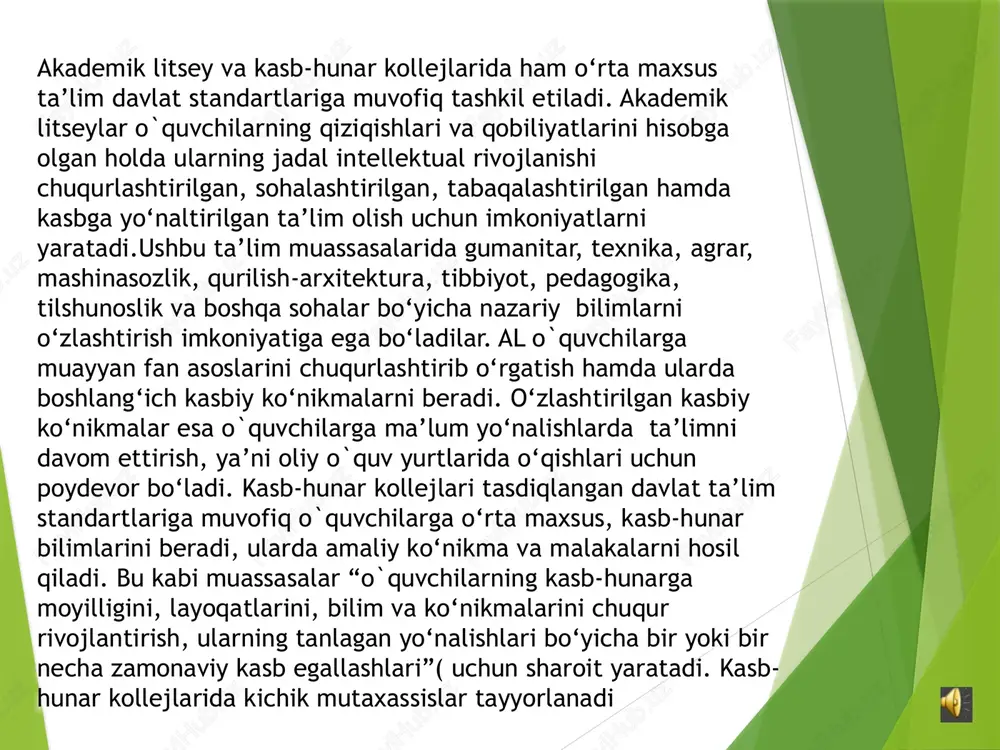 us, kasb-hunar ta’limi muassasalari uchun ta’lim va kasb-hunar dasturlari, o`quv-uslubiy majmualar ishlab chiqish; - alning o`quvchilari mehnat faoliyati ko‘nikmalarini egallashlari uchun ixtisoslashtirilgan dasturlar ishlab chiqish va joriy etish; - khkda tayyorlanadigan mutaxassislarga nisbatan ixtisos va kasb-hunar, malaka talablarining ro‘yxatini ishlab chiqish; - hududlarning geografik, demografik sharoitlarini, tegishli sohadagi mutaxassislarga bo‘lgan mahalliy ehtiyojlarini hisobga olgan holda o‘rta maxsus, kasb-hunar ta’limi tizimi ta’lim muassasalarining tashkil etilishini va ular oqilona joylashtirilishini ta’minlash, ularga o`quvchilarni imkon qadar oilasidan ajralmagan holda qamrab olish; - al va khkning moddiy-texnika va axborot bazalarini mustahkamlash o`quvchilarni kasb-hunarga yo‘naltirish, ularni akdemik litsey va kasb-hunar kollejlariga jalb qilish umumiy o‘rta ta’lim maktablarining jamoalari bilan ota-onalar o‘rtasidagi o‘zaro hamkorlikka asoslangan holda o`quvchilarni kasb-hunarga yo‘naltirish va psixologik-pedagogik tashxis markazlari tomonidan amalga oshiriladi. tashxis markazlar o`quvchilarning qobiliyatlari, ma’lum kasb yoki hunarga layoqatlariini aniqlash, sog‘liqni saqlash muassasalari bilan hamkorlikda ularni har yili tibbiy-pedagogik ko‘rikdan o‘tkazish, o`quvchilar va ularning ota-onalariga psixologik-pedagogik yordam ko‘rsatish asosida o`quvchi …