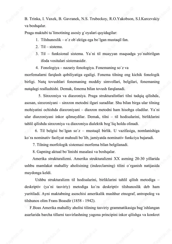 sh) yo`li bilan tasvirlashga chaqiradi. f. boas boshlab bergan tadqiqot ishlarini bir – biridan farqli yo`nalishlarda eduard sepir va leonard blumfildlar davom ettirishdi. e. sepir (1884 - 1939) o`z tadqiqotlarida til va madaniyat, til va tafakkur munosabati, bog`liqligi masalalari bilan keng miqyosda shug`ullanadi. shunga ko`ra u etnolingvistikaga asos soldi. e.sepir va uning izdoshlari ta`limotidagi muhim g`oya shundaki, har bir tilning o`ziga xos modeli – moddiy va ideal modeli (sistemasi) bo`lib, til modeli ijtimoiy - madaniy model (sistema) bilan bog`langandir. tilning grammatik va leksik xususiyatlari shu madaniyat uchun xos bo`lgan hatti - harakatga mosdir. masalan: navaxo tilida dunyo doim harakatda deb tushunilgani uchun predmet nomi fe`l bilan birga, harakatga qo`shib anglatiladi. chikago universiteti german filologiyasining professori leonard blumfild (1887 - 1949) esa frans boasning g`oyalarini o`ziga xos boshqa yo`nalishda davom ettirdi. anig`i u deskriptiv tilshunoslikka asos soldi. deskriptiv lingvistika ayrim til birliklarining bir - biriga nisbatan joylashish tartibini yoki ularning tarqalish …