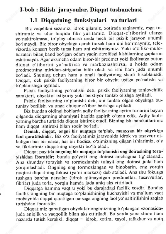 g oldindan belgilangan maqsadsiz ravishda muayyan obyektga yo‘naltirilishi va unga to‘planishidan iborat diqqat turi. ixtiyorsiz diqqat obyektlari narsa va hodisalaming odatdan tashqari holati, belgisi, sifati va boshqalardir. sezish jarayonida, idrok qilishda, xotira, xayol va tafakkur jarayonlarida har doim ishtirok etadi. demak, diqqat barcha aks ettirish jarayonlarimizning doimiy yo‘ldoshidir. diqqat inson faoliyatining barcha turlarini muvaffaqiyatli amalga oshirishni va ulaming samaradorligini ta ’minlovchi muhim shartlardan biridir. kishi faoliyati qanchalik murakkab, serzahmat, davomiylik jihatdan uzoq muddatli, mas’uliyat hissini taqozo qilsa, u diqqatga shunchalik yuksak hartlar va talablar qo‘yadi. inson ziyrakligi, farosatliligi, tez payqashi, sinchkovligi, dilkashligi uning tur- mush sharoitida, shaxslararo munosabatida muhim omil sifatida xizmat qiladi. diqqat aqliy faoliyatning barcha turlarida ishtirok etadi, insonning xatti-harakatlari ham uning ishtirokida sodir bo‘ladi. psixologiya fanida diqqatga har xil ta’rif beriladi, uni yoritishda psixologlar turli nazariyaga asoslanib yondashadilar. diqqat deb ongni bir nuqtaga to‘plab, muayyan bir obyektga aktiv (faol) qaratilishiga aytiladi (p.i.ivanov). p.i.ivanovning fikricha, biz faoliyatimiz jarayonida …