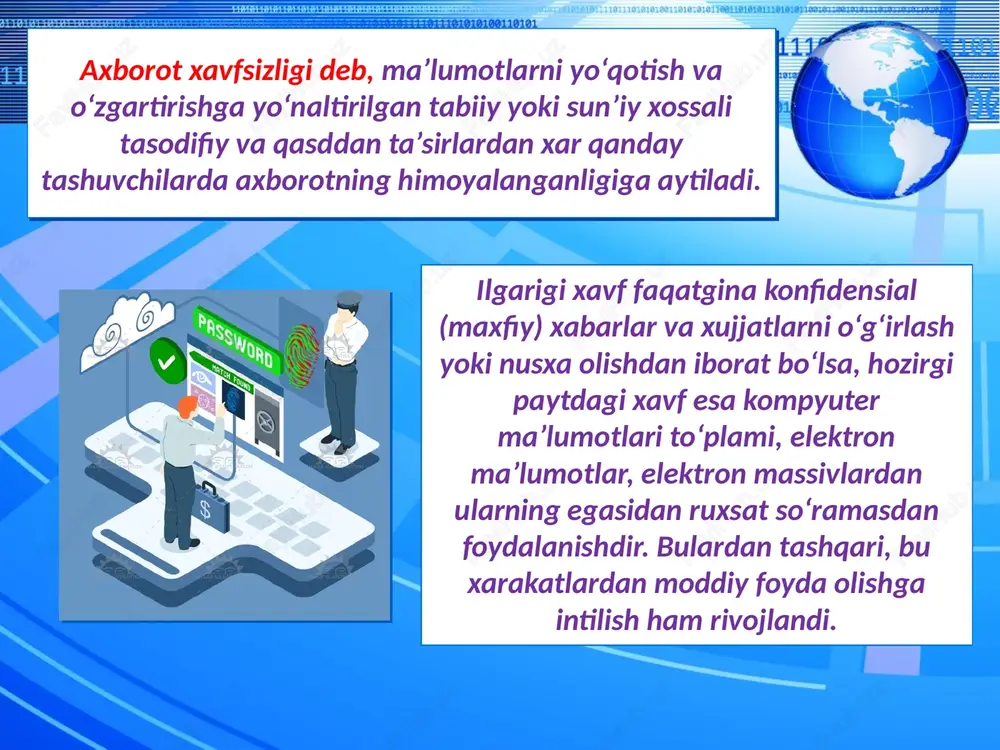 f joylari aniqlanadi. odatda ko‘p sonli foydalanuvchilarga ega bo‘lgan korporativ kompyuter tarmoqlari uchun maxsus "xavfsizlik siyosati" deb ataluvchi, tarmoqda ishlashni ma’lum tartib va qoidalarga bo‘ysindiruvchi (reglamentlovchi) hujjat tuziladi telekommunikatsiyalarni yaratish, ishlatish va rivojlantirish sohasidagi ijtimoiy munosabatlarni tartibga solishdan iboratdir ushbu konunning maqsadi:axborotlashtirish, axborot resurslari va axborot tizimlaridan foydalanish soxasidagi munosabatlarni tartibga solishdan iborat. ushbu qonunning maqsadi:elektron raqamli imzodan foydalanish soxasidagi munosabatlarni tartibga solishdan iborat. elektrop raqamli imzoning yopiq kaliti - bu faqat hujjat muallifiga ma’lum bo‘lgan va elektron hujjatda elektron rakamli imzoni hosil kilish uchun mo‘ljallangan belgilar ketma-ketligi. elektron sertifikat - bu sertifikatsiya tizimi koidalariga binoan belgilangan talablarga ko‘ra elektron rakamli imzo vositalarining muvofiqligini tasdiqlash elektron raqamli imzo kalitini ruyxatga olish markazi tomonidan berilgan hujjat. hozirgi kunda kompyuter viruslarini aniqlash va ulardan himoyalanish uchun maxsus dasturlarning bir necha xillari ishlab chiqilgan bo‘lib, bu dasturlar kompyuter viruslarini aniqlash va yo‘qotishga imkon beradi. bunday dasturlar virusga qarshi dasturlar yoki antiviruslar deb yuritiladi. …