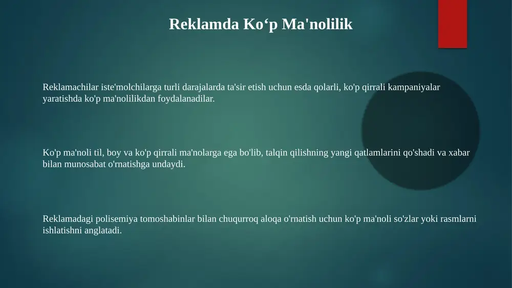 atilganiga qarab, o'zining aniq ma'nosini oladi. kontekstning roli ko‘p ma'noli so‘zlar bir nechta ma'noga ega. so'z ma'nosi kontekstga bog'liq. ko'p ma'noli so'zlarni talqin qilish uchun kontekstni tushunish juda muhim. kompyuter lingvistikasidagi ko'p ma'nolilik hisoblash lingvistikasi mashina tarjimasi va tabiiy tilni tushunish kabi vazifalar uchun ko'p ma'nolilikni tushunish va modellashtirishga qaratilgan. usullar so'z ma'nosini aniqlashni o'z ichiga oladi, bu kontekstda so'zning maqsadli ma'nosini aniqlaydi. polisemiya so'zlarning bir nechta ma'noga ega bo'lishini anglatadi. ko'p ma'nolilik va leksik noaniqlik polisemiya bir so'zning bir nechta bog'liq ma'nolarga ega bo'lishini anglatadi. ko'p ma'noli so'z bu bir nechta ma'noga ega so'z. ko'p ma'noli so'z bu bir nechta ma'noga ega so'z. e'tiboringiz uchun rahmat @taqdimot_robot image1.png image2.png image3.png image4.png image5.png image6.png image7.png image8.png image9.png image10.png