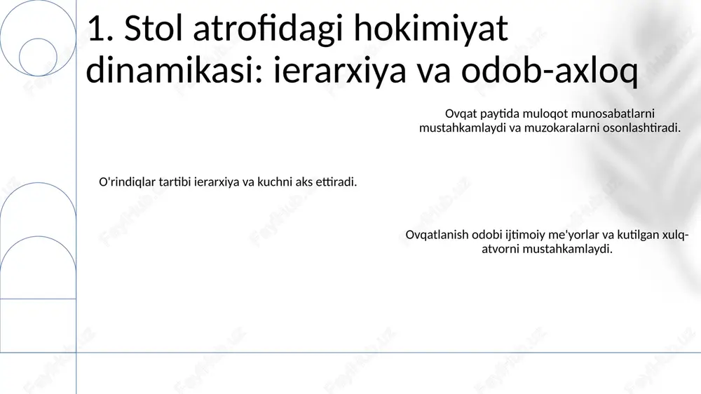 llanishni o'z ichiga oladi. ovqatlashuv muloqot maydonchasi bo'lib, munosabatlarni mustahkamlash, hikoyalarni baham ko'rish va ijtimoiy bog'lanishlarni kuchaytirishga xizmat qiladi. 11. ovqatlanishning kelajagi: evolyutsionlashgan muloqot vazifalari madaniy an'analar va qadriyatlar ko'pincha oziq-ovqat va ovqatlanish odatlari orqali ifodalanadi. birgalikda ovqatlanish muloqot va tushunishni osonlashtiradi. ovqatlanish ijtimoiy aloqalarni mustahkamlaydi va munosabatlarni kuchaytiradi. 12. ko'priklar qurish: tushunish uchun ovqatlanish katalizatori e'tiboringiz uchun rahmat @taqdimot_robot image1.png image2.png image3.png image4.png image5.png image6.png image7.png image8.png image9.png image10.png image11.png image12.png image13.png