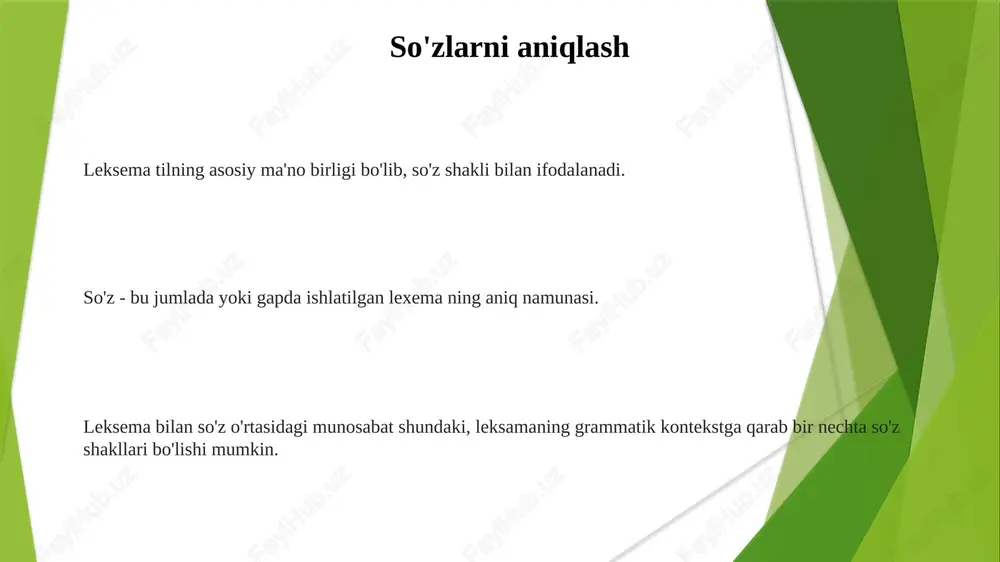 i. leksema tilning asosiy ma'no birligidir, so'z esa bu ma'noning aniq namunasidir. e'tiboringiz uchun rahmat @taqdimot_robot