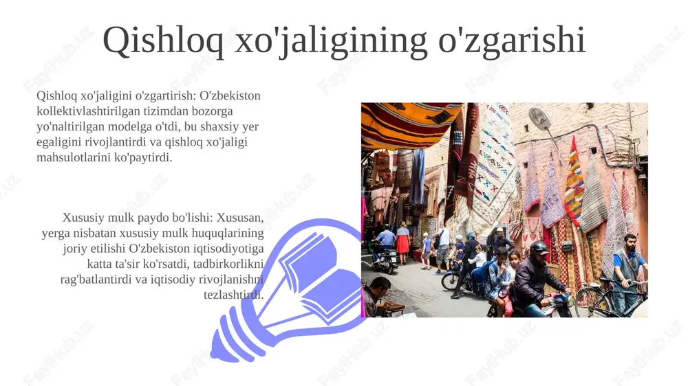orlarning rivojlanishiga yordam berdi. sales 1st qtr 2nd qtr 100 0 sales 1st qtr 2nd qtr 100 0 davlat mulkiyati roli bozor munosabatlarining rivojlanishi iqtisodiyotni xususiylashtirish va erkinlashtirishga yo'nalgan o'zgarishlarga hamroh bo'ldi. davlat mulkiyati muhim bo'lib qolmoqda, lekin iqtisodiy islohotlar xususiy mulk va bozor mexanizmlarini joriy qildi. bozor institutlarining rivojlanishi o'zbekiston 1990-yillarda markazlashtirilgan rejalashtirilgan iqtisodiyotdan bozor iqtisodiyotga o'tishda sezilarli iqtisodiy islohotlarni amalga oshirdi. o‘zbekistonning o‘tish davri xususiylashtirish, tartibga solishni yumshatish va bozor munosabatlariga qulay bo‘lgan huquqiy asosni yaratishni o‘z ichiga oldi. xorijiy investitsiyalar roli xususiy mulk huquqlarining paydo bo'lishi va bozor munosabatlarining rivojlanishi ushbu islohotlarning markazida edi. xorijiy investitsiyalar o'zbekiston iqtisodiy taraqqiyotida muhim rol o'ynadi, kapital va texnologiya bilan ta'minladi. e'tiboringiz uchun rahmat @taqdimot_robot image4.jpg image5.jpg image6.jpg image7.jpg image8.jpg image9.jpg image10.jpg image11.jpg image12.jpg image13.jpg image14.jpg image15.jpg image16.jpg image17.jpg image18.jpg image1.jpeg image2.jpeg image3.jpeg