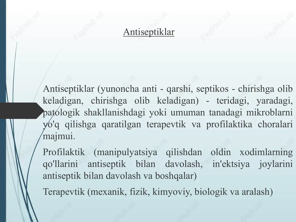 lar (etilen oksidi, metil bromid), kimyoviy moddalar eritmalari, radioaktiv nurlanish. havo sterilizatsiyasi quruq issiqlik pechlarida amalga oshiriladi. quruq issiqlik pechi - bu yopiq kamerada issiq havoning aylanishi tufayli barcha turdagi mikroorganizmlar, viruslar va ularning sporalari yo'q qilinadigan asboblarni sterilizatsiya qilish uchun qurilma. asboblar patnisga yotqiziladi, u quruq issiqlik shkafiga joylashtiriladi va 180 ° c haroratda 1 soat davomida sterilizatsiya qilinadi; 160 ° s haroratda - 2 soat. sterillikni nazorat qilish usullari streyt biologik nazorat eng ishonchli hisoblanadi. sterilizatsiyalangan materialdan namunalar olinadi va ozuqa muhitiga sepiladi. usulning nochorligi shundaki, javob faqat 48 soat yoki undan ko'proq vaqtdan keyin olinadi va material 48 - 72 soat davomida kavanozda avtoklavlanganidan keyin steril hisoblanadi. bepushtlikning bakteriologik nazorati kamida oyiga bir marta amalga oshiriladi. to'g'ridan-to'g'ri emas jismoniy (ko'rsatkichlar ampulalarda muhrlangan, har bir moddaning o'z erish nuqtasi bor) kimyoviy (ma'lum bir harorat ta'sirida is-120 termal indikator lentalari rangi oqdan jigarranggacha o'zgartiradi) 1. mikroorganizmlarning yaraga kirishini oldini …