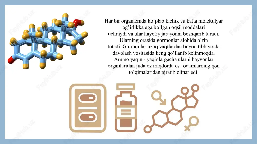 anizmga tarqaladi va turli-tuman organlarning faoliyatini kuchaytiradi yoki susaytiradi. ba'zi gormonlar organizmning rivojlanishi va o'sishiga, sistemalarining shakllanishiga ta'sir ko'rsatadi. gormonlarning to'qima va organlarga ko'rsatadigan ta'sir mexanizmi yetarlicha o'rganilgan emas. gormonlar asosan hujayralarda, ularning sitoplazmatik tuzilishlarida ro'y berib turadigan jarayonlarga ta'sir qiladi. gormonlarning bir xili hujayra membrana-sining o'tkazuvchanligini o'zgartirsa, boshqalari, aftidan, hujayra-ning genetik apparatiga ta'sir ko'rsatib, fermentlar hosil bo'lishini idora etib boradi va shu bilan muayyan biokimyoviy jarayonlarni tezlashtiradi yoki susaytirib qo'yadi. qanday yo'nalishda ta'sir ko'rsatishiga qarab turli bezlarning gormonlarini ikki guruhga bo'lish mumkin — anabolik va kotabolik gormonlar. birinchi guruh gormonlari (gipofizning somatotrop gormoni, qisman insulin) anabolizmni, ya'ni moddalarning sintezi va depolanishini stimullaydi; ikkinchi guruh gormonlari (tiroksin, adrenalin, qisman jinsiy gormonlar) katabolizmni kuchaytiradi, ya'ni organizmda moddalar almashinuvi, energiya hosil qilish va sarflashni kuchaytiradi. gormonlarning moddalar almashinuviga turli yo'nalishda ta'sir ko'rsatishi ularning oqsillar, yog'lar va uglevodlar sintezi hamda parchalanishini ta'minlovchi fermentativ faollikka tanlab-tanlab ta'sir qilishiga bog'liqdir. gormonlar qon tarkibi (suv, qand, …