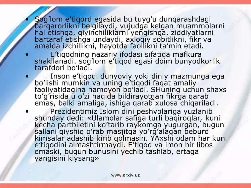 lganda diniy ateisitik dunyoqarash emas, mutaassibona dindorlik emas, balki sof diniy e’tiqod va moddiy olamning ob’ektiv qonunlarini anglab yetish, har ikki tarafga ilm nuqtai nazaridan qarash tushuniladi. chunki, diniylikni ham, ateistik qarashlarni ham ob’ektiv ijtimoiy hodisa sifatida e’tirof etiladi. ba’zi adabiyotlarda ateizm va dahriylik tushunchalari sinonim sifatida talqin etiladi. lekin bu noto’g’ri. dahriylik ateizm emas. islom ensiklopediyasida, dahriylik arabcha dahr, ya’ni, vaqt, taqdir, falak ma’nolarini beradi, deyiladi. dahriylik - islom paydo bo’lmasdan ilgari arab jamiyatida keng tarqalgan bo’lib, “aqida”, “o’lim”, “taqdir”, “ajalining kelishi” ma’nolarini anglatgan. bu aqidaga ko’ra, insonning taqdiri oldindan belgilab qo’yilgan, u erkin iroda yoki ixtiyor egasi emas, peshonasiga “yozilgan” narsa albatta sodir bo’ladi va undan qutilishning iloji yo’q. jahiliya arablaridan narigi dunyo borligiga, bu dunyoda zahmat chekkanga u dunyoda ajr, gunoh ishlar qolganlarga azob berilishiga ishonch yo’q edi. borliqning egasi, oliy xokimi sifatida muayyan bir xudo emas, qandaydir “dahr”, taqdiri falak, inson irodasi bilan hisoblashmaydigan va undan …
