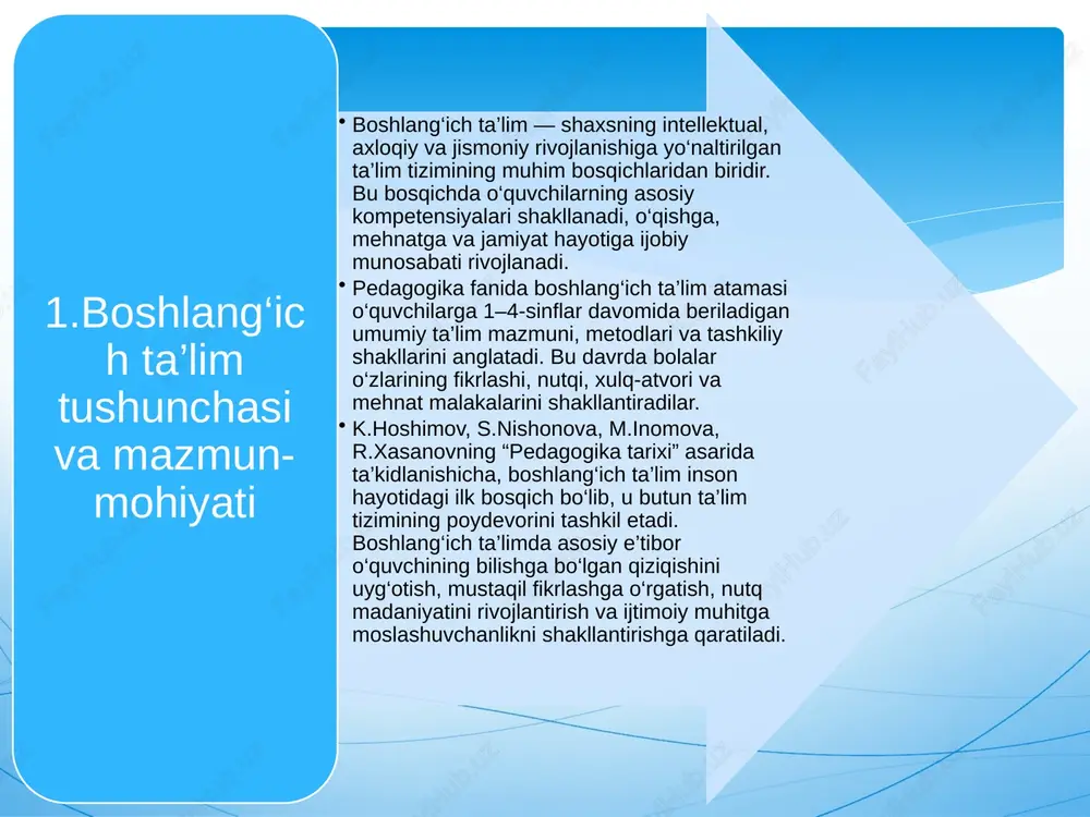 an: o‘quvchilarda mustaqil bilim olishga bo‘lgan ehtiyojni shakllantirish; ijtimoiy-axloqiy qadriyatlar asosida shaxsni tarbiyalash; jamiyatga foydali, vatanparvar, mas’uliyatli fuqaroni tayyorlash; o‘z fikrini aniq va ravon ifoda etish, nutq madaniyatini shakllantirish; zamonaviy texnologiyalarni boshlang‘ich bosqichdanoq o‘zlashtirishga tayyorlash. bundan tashqari, boshlang‘ich ta’limning mazmuni maktabgacha ta’limdan olingan ko‘nikmalarni davom ettirish, ularni yanada mukammallashtirish bilan uzviy bog‘liqdir. shu sababli ham bu bosqichda darslar ko‘proq o‘yin, muloqot, mushohada va amaliy faoliyat orqali olib boriladi. bolaning individual qobiliyatini inobatga olgan holda shaxsga yo‘naltirilgan ta’lim metodlari keng qo‘llaniladi. shuningdek, zamonaviy bosqichda boshlang‘ich ta’lim mazmuni quyidagi tamoyillarga asoslanadi: shaxsga yo‘naltirilganlik – har bir o‘quvchining individual xususiyatlariga mos ta’lim berish; faollik va mustaqillik – bolalarni faol fikrlashga va qaror qabul qilishga undash; integratsiya – fanlararo bog‘liqlik orqali bilimlar tizimini shakllantirish; ko‘rgazmalilik va amaliyotga yaqinlik – bilimlarning hayot bilan bog‘liqligini ta’minlash. yuqoridagi jihatlar shuni ko‘rsatadiki, boshlang‘ich ta’lim o‘z mohiyatiga ko‘ra har tomonlama rivojlantiruvchi, tarbiyaviy va ijtimoiy ahamiyatga ega bo‘lgan muhim pedagogik …