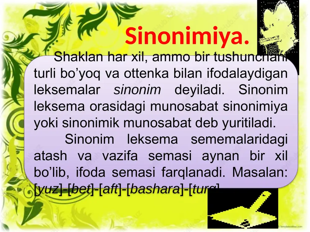 rshi hodisaning in’ikosi bo’lgan qarama-qarshi tushuncha yotadi. antonim leksemalar bir turga kiruvchi giponim leksemalar: [issiq]-[sovuq] (harakat), [katta]-[kichik] (hajm), [erkak]-[ayol] (jins) va hokazolar. antonimlarning mantiqiy asosini ikki tur qarama-qarshilik tashkil etadi b)komplementar qarama-qarshilik. a) kontrar qarama-qarshilik graduonimiya. lug’aviy birliklar o’zaro ma’noviy munosabatiga ko’ra ma’lum bir darajalanish qatorini hosil etishi fanga qadimdan ma’lum va uning eng yorqin namunasi - [o’rta] so’zini o’z ichiga olgan so’zlar qatori. masalan: [katta]-[o’rta]-[kichik] [yosh]-[o’rta]-[qari] [uzoq]-[o’rta]-[yaqin] [baland] –[o’rta]-[past] [uzun]-[o’rta]-[qisqa]. ma’lumki [o’rta] so’zi bilan ifodalangan belgi-xususiyat tom ma’noda o’rtalik, oraliq, ya’ni ikki bir-biriga zid belgi oralig’idagi holatni ko’rsatadi. [o’rta] leksemasi antonimlar oralig’idan o’rin olsa, (katta-o’rta-kichik) darajalanishi kam seziladi. lekin [o’rta] leksemali birliklarni zid belgi asosida emas, ma’lum bir belgining kamayishi yoki o’sishi asosida idrok etilsa, ma’noviy darajalanish yaqqol anglashiladi. graduonimik lug’aviy qatorni ajratishning lisoniy omili quyidagilar a) ma’noviy omil b) so’zlararo paradigmatik munosabat graduonimik qatorni ajratishdagi ma’noviy omilning mohiyati shundaki, bir qator leksemalar sememasida ma’lum bir belgining oz-ko’pligi, turli …