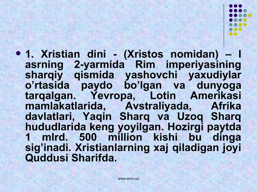 h davr, kundalik hayot talabi va zaruriyatidir. «vijdon erkinligi va diniy tashkilotlar to’g’risida» gi qonunni 1998-yilda yangi taxlilining qabul qilinishi bunga yana bir misoldir. 4.hozirda res-da 14 turdagi konfessiyada 170 dan ortiq noislomiy diniy tashkilot faoliyat ko’rsatmoqda. 4ta diniy markaz – movaronnahr musulmonlar boshqarmasi; o’rta osiyo ruspravoslav cherkovi bosh-si; u.o.injil nasroniylar-baptislar markazi: u.o.yetti kun adventistlar cherkovi konfessiyalari bor. www.arxiv.uz www.arxiv.uz islom aqidalarining asosiy ibrat kitobi ahloqiy-huquqiy tamoyillari birinchi manba hisoblangan muqaddas «qur’on»da o’z ifodasini topgan. qur’oni karim va hadisi sharifda ma’no va mazmun teran, umum insoniy qadriyatlarni himoya etuvchi va targ’ib qiluvchi falsafiy xulosalar chuqurdir. bu muqaddas kitob yer yuzi musulmonlarining dasturi amali dunyo madaniyatining ulkan boyligi, barcha musulmonlarning kitobi bo’lib, arab tilida «qiroat» ma’nosini anglatadi. www.arxiv.uz www.arxiv.uz qur’oni karimning eng muhim xizmati shundaki, unda har inson uchun bevosita ahamiyatli bo’lgan so’zlar, yo’l-yo’riqlar, asosiy qoidalar, ta’limotlar aniq ko’rsatilgan. undagi ilm, madaniyat, ma’naviyat, ma’rifat haqidagi g’oyalar umumbashariyatga tegishlidir. ahloq va odob …