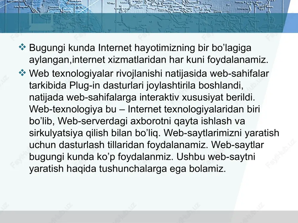 alar o‘matish, matn, tasvir va rasmlaming harakatini amalga oshirish, ranglami estetik jihatdan to‘g‘ri va chiroyli tanlashga e’tibor qaratilishi lozim. foydalanilgan adabiyotlar: 1. boltayev b. j. va boshq. informatika: umumiy o‘rta ta’lim maktablarining 7-sinfi uchun darslik. – toshkent: o‘zbekiston milliy ensiklopediyasi, 2017. 2. fayziyeva m. r., sayfurov d. m., atamuratov r. k., tilovova m. m., bagbekova l. k. informatika va axborot texnologiyalari [matn] : 7-sinf uchun darslik / – toshkent : respublika ta’lim markazi, 2021. – 160 b 3. https://www.w3schools.com. 4. https://wikipedia.uz. 5. https://fayllar.org e’tiboringiz uchun rahmat image2.jpeg image3.png image4.jpeg image5.png image6.png image7.png image8.jpeg image9.jpg image10.jpg image11.png image12.jpg image13.jpeg image14.jpeg image15.png image16.png image17.png image1.jpeg /docprops/thumbnail.jpeg