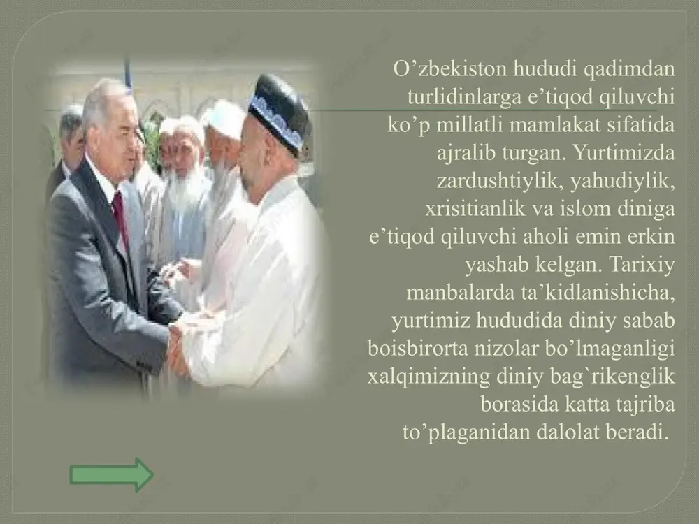 slav, katolik va protestantlik yo’nalishlariga oid diniy tashkilotlar mavjud. shuningdek, nasroniylikda o’z yo’nalishiga ega bo’lgan arman apostollik cherkovi ham faoliyat ko’rsatmoqda. o’zbekistonda tom ma’noda diniy bag`rikenglikning yuksak an’analariga amal qilinayotgani jahon xamjamiyati tomonidan e’tirof etilmoqda. etnik jihatiga ko’ra dinlar tasnifi milliy dinlar yahudiylik hinduiylik jahon dinlari islom totemizm konfutsiylik sinkxiylik jaynizm urug’ qabila dinlari sintoiylik daosizm animizm fetishizm magiya shomonizm xristianlik buddaviylik prezidentimiz ta’biri bilan aytganda, “bugun mana shunday xavfli – tahlikali, o’ta notinch bir davrda jahon moliyaviy inqirozi hali – beri davom etayotgan bir paytda el-yurtimiz nimaiki natijalarni qo’lga kiritmasin, bularning barchasi yurtimizda tobora mustahkam bo’lib borayotgan tinchlik va osudalik, millatlar, dinlar va fuqarolararo totuvlik va ahillik, bir – birimizga hurmat va ehtirom hisobidan desak, o’ylaymanki, hech qanday xato bo’lmaydi”. darhaqiqat, har bir inson, jamiyat va millatlar bashariyatning turli tuman urf odatlari, madaniyati va qadriyatlarini tan olgan holda bag`rikenglik munosabatida bo’lishlari zarur. zero, bu taraqqiyot garovidir. shuning uchun ham …
