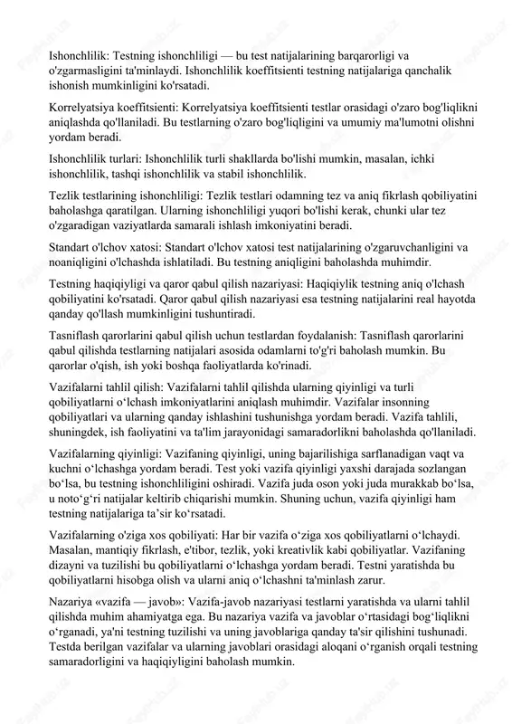 ni yaratadi. 10. shaxsni baholash: shaxsni baholash psixologik tahlilning muhim bir qismi bo'lib, odamning psixologik xususiyatlarini, xulq-atvorini, intellektual va emotsional holatini o'lchashni o'z ichiga oladi. shaxsni baholashda turli metodlar, jumladan, testlar, intervyular va kuzatuvlar qo'llaniladi. bu yondashuvlar insonning o'zini anglashini va boshqa odamlar bilan munosabatlarini yaxshilashga yordam beradi. texnik va uslubiy tamoyillar: test ko'rsatkichlarining normalari va semantik ma'nosi: testlarning normalari test natijalarini baholashda asos bo'lib, ularning semantik ma'nosi odamning psixologik holati va qobiliyatlarini tasvirlashda yordam beradi. statistik tushunchalar: testlarning statistik tushunchalari testning ishonchliligi, haqiqiyligi va xatoliklarini o'lchashda ishlatiladi. bu tushunchalar yordamida testlar samaradorligini tahlil qilish va optimallashtirish mumkin. yosh standartlari: yoshga qarab testlar natijalari farq qilishi mumkin. shuning uchun yoshga oid standartlar yordamida testlarning ta'sirini baholash muhim ahamiyatga ega. guruh ichidagi normalar va normlarning nisbiyligi: guruh ichidagi normalar o'zaro solishtirishni va taqqoslashni osonlashtiradi. normlarning nisbiyligi esa testning turli guruhlarda qanday ishlashini aniqlaydi. kompyuterlar va test ko'rsatkichlarini talqin qilish: kompyuterlar yordamida …