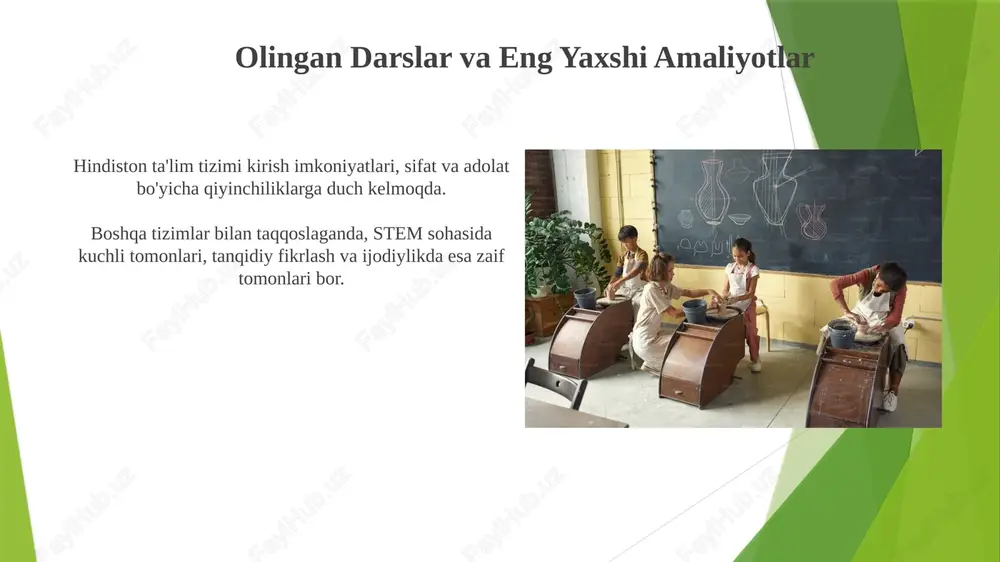 n solishtirish orqali asosiy kuchli va zaif tomonlar aniqlanadi. tahlil yaxshilanish mumkin bo'lgan sohalarni aniqlashga qaratilgan. o'qituvchilarni tayyorlash va rivojlantirish hindiston va boshqa davlatlarning o'qituvchi tayyorlash va ta'lim tizimlarini solishtirish: o'xshashliklar va farqlarni tahlil qilish, kuchli tomonlarni va yaxshilanish joylarini ta'kidlash. hindiston ta'lim tizimi: keng tarqalgan davlat va xususiy muassasalar tarmog'i bilan ajralib turadi, unda yodlash va standartlashtirilgan imtihonlarga kuchli e'tibor beriladi. taqqoslash tahlili: jahon konteksti jahon konteksti: jahon ta'limi tendentsiyalarini, shu jumladan kirish imkoniyatini, sifatini va tenglikni o'rganadi. hindiston ta'lim tizimi: hindiston ta'lim muhitining tuzilishi, muammolari va kuchli tomonlarini tahlil qiladi. asosiy manfaatdor tomonlar boshqa mamlakatlarga nisbatan, hindiston ta'lim tizimi kirish imkoniyati, sifat va tenglik bilan kurashmoqda. hindiston ta'lim tizimi: keng miqyosda davlat va xususiy muassasalar tarmog'i bilan xarakterlanadi, bu erda yodlashga va standartlashtirilgan testlarga e'tibor qaratiladi. taqqoslash tahlili: aniq mamlakat misollari taqqoslash tahlili arzon narxlarda ta'lim olish imkoniyati va katta miqdorda o'quvchilarni jalb qilish kabi kuchli tomonlarni ko'rsatadi, …