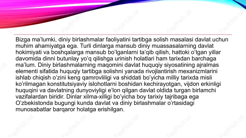 otlar deb e’tirof etiladi” . diniy tashkilotga berilgan bu kabi ta’rif boshqa davlatlar qonunchiligida ham uchraydi. jumladan, armaniston respublikasining «vijdon erkinligi va diniy tashkilotlar to’g’risida»gi qonunida «diniy tashkilot – bu fuqarolarning dinga e’tiqod qilish, ibodat, rasm-rusumlar va marosimlarni birgalikda ado etish maqsadida tuzilgan ko’ngilli birlashmalari (cherkovlar, diniy jamiyatlar, eparxiyalar, monastirlar, diniy kongregatsiyalar, diniy o’quv yurtlari, nashriyotlar) dir”, - deya ta’rif berilgan. rossiya federatsiyasining “vijdon erkinligi va diniy birlashmalar to’g’risida”gi federal qonunining 8-moddasi 1-bandida: “rossiya federatsiyasi fuqarolari, rossiya federatsiyasi hududida doimiy va qonuniy asoslarda istiqomat qiladigan boshqa shaxslarning dinga birgalikda e’tiqod qilish va tarqatish maqsadlarida tuzilgan va yuridik shaxs sifatida qonun bilan belgilangan tartibda ro’yxatdan o’tgan ko’ngilli birlashmalari” , diniy tashkilot deb e’tirof etiladi. o’zbekiston respublikasi “vijdon erkinligi va diniy tashkilotlar to’g’risida”gi yangi tahrirdagi qonuniga asosan diniy tashkilotlar faoliyati fuqarolarning dinga e’tiqod qilish, ibodat qilish, diniy rasm-rusumlar va marosimlarni birgalikda ado etishlariga ko’maklashishni maqsad qiladi. qonunchilikda diniy tashkilotlarning bir necha turlari …