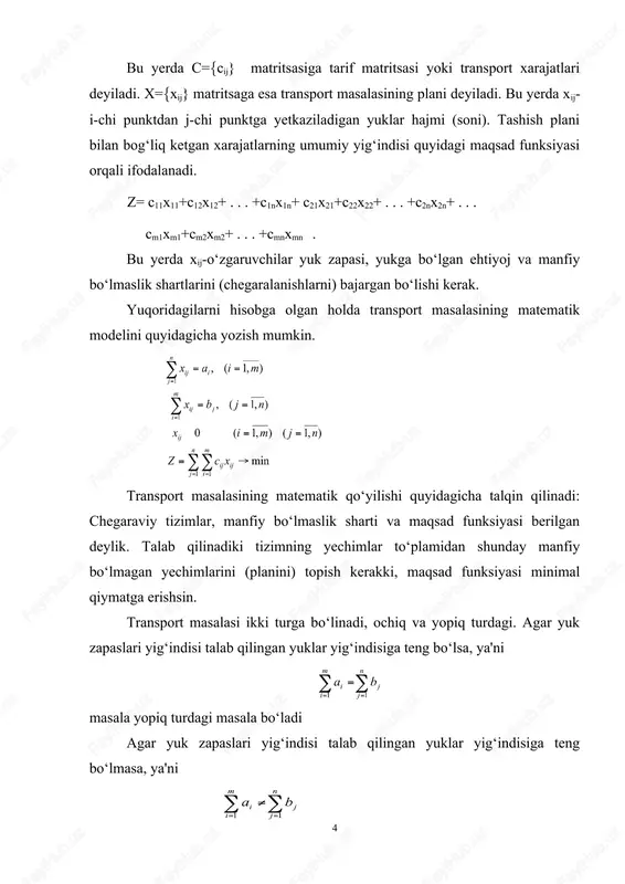 b1,b2). 5.agar b1>a1 bo‘lsa 1-chi satr yopiladi, ya'ni x1j=0 (j=2,n). 6.qo‘shni kataklarni to‘ldirishga o‘tamiz (2.1), ya'ni x21=min(a2,b1-a1). 7.ikkinchi satr yoki ikkinchi ustun kataklarini to‘ldirishga o‘tamiz va hakazo.bu jarayon toki resurslar tugamaguncha davom etadi. "kichik elementlar" usuli. "kichik elementlar" usuli yordamida tayanch planni topish quyidagicha amalga oshiriladi: 1.yuklar qabul qiluvchilarga tarif jadvalidagi eng kichik cij tashish narxiga mos katakni to‘ldirishdan boshlanadi. 2.eng kichik tarif cij katagiga ai yoki bj ning eng kichigi joylashtriladi. 3.keyin to‘lig‘icha yuk zapaslari sarf qilingan satr yoki qabul qilish punkti talabi qondirilgach mos ustun yo‘qotiladi. 4.agar jo‘natish punktidagi yuk zapaslari to‘liq taqsimlangan bo‘lsa va qabul qiluvchi talabi to‘liq qanotlantirilsa ularga mos satr va ustun yo‘qotiladi. 5.qolgan satr va ustunlardan yana kichik ta'rif olinadi. yuk zapaslarini taqsimlash jarayoni, toki yuk zapasi tugaguncha va talablar qanoatlantirilguncha davom etadi. potensiallar usuli. agar yuqoridagi usullar yordamida boshlang‘ich tayanch plan topilgan bo‘lsa optimal planni topish potensiallar usulida bajariladi. transport masalasi optimal planni …