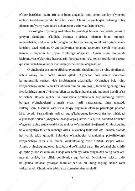 q tanlashda ota- onadan alohida hushyorlik talab qilinadi. shiqildoq o`yinchoqlar chaqaloning psixofiziologik rivojlanishiga ta‟sir etib, bunda kichkintoyning ovoz eshitish sezgisi oshadi. ammo o`yinchoqning ovozi juda baland bo’lmasligi zarur. bu go’dakni cho’chitib, qo’rqitib yuborishi mumkin. chaqalolar besh oylikdan oshganidan so’ng narsalarni mustail ushlab, his qilish qobiliyatiga ega bo’ladi. kichkintoy sakkiz oylik bo’lganida taxtadan yasalgan kubiklar berilsa, bu uning sog’ligi uchun zarar yetkazmaydi. chunki ular tabiiy toza xomashyodan yasaladi. so’nggi paytlarda bolalarni maktabga ertaroq tayyorlashga qiziqish ortib, har xil didaktik, ya‟ni muayyan aqliy qobiliyatlarni rivojlantirishga xizmat qiluvchi o`yinchoqlar ancha xaridorgir bo’lib oldi. bunday o`yinchoqlarni o’ynashning foydali tomonlarini inkor etib bo’lmaydi, ammo bolalikdan tom ma‟nodagi o’yin yo’qolib, uning o’rnini o’quv mashg’ulotlarining topshiriqlariga o’xshash narsalar egallashiga yo’l qo’yish mumkin emas. ota-onalar har xil rivojlantiruvchi didaktik o`yinchoqlarni qidirishga ko’p vaqt sarflamay, farzandiga odatdagi oddiy o`yinchoqlarni olib bergani ma‟qul. ota-ona, shuningdek, bolada harakat ko’nikmalarini rivojlantiruvchi o`yinchoqlar haqida ham unutqmasligi kerak. zero, to’g’ri tanlangan o`yinchoq bolaning shaxs …