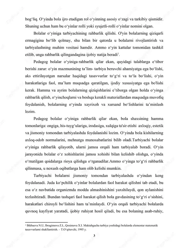 iyachi bolalar o‘yiniga rahbarlik qilayotib, ularni jamoa orqali ham tarbiyalab boradi. o‘yin jarayonida bolalar o‘z xohishlarini jamoa xohishi bilan kelishib olishga, o‘yinda o‘rnatilgan qoidalarga rioya qilishga o‘rganadilar.ammo o‘yinga to‘g‘ri rahbarlik qilinmasa, u noxush oqibatlarga ham olib kelishi mumkin. tarbiyachi bolalarni jismoniy tomondan tarbiyalashda o‘yindan keng foydalanadi. juda ko‘pchilik o‘yinlar bolalardan faol harakat qilishni tab etadi, bu esa o‘z navbatida organizmda modda almashinishini yaxshilaydi, qon aylanishini tezlashtiradi. bundan tashqari faol harakat qilish bola gavdasining to‘g‘ri o‘sishini, harakatlari chiroyli bo‘lishini ham ta’minlaydi. o‘yin orqali tarbiyachi bolalarda quvnoq kayfiyat yaratadi, ijobiy ruhiyat hosil qiladi, bu esa bolaning asab-ruhiy, jismoniy tarbiyasini yaxshilaydi.o‘yin bolalarga estetik tarbiya berish vositasi sifatida ham keng qo‘llaniladi. bolalar tevarak atrof hayotini voqelikni obrazlar, rollar orqali ham aks ettiradilar. o‘yinda bolalarning avval olgan taassurotlari orqali obraz yaratishlari xayol juda ham katta ahamiyatga ega. bolalar juda ko‘p o‘yinlarda avval o‘rgangan ashula, she’r, raqs, topishmoqlardan keng foydalanadilar. bundan tarbiyachi bolalarda estetik did, zavqni …